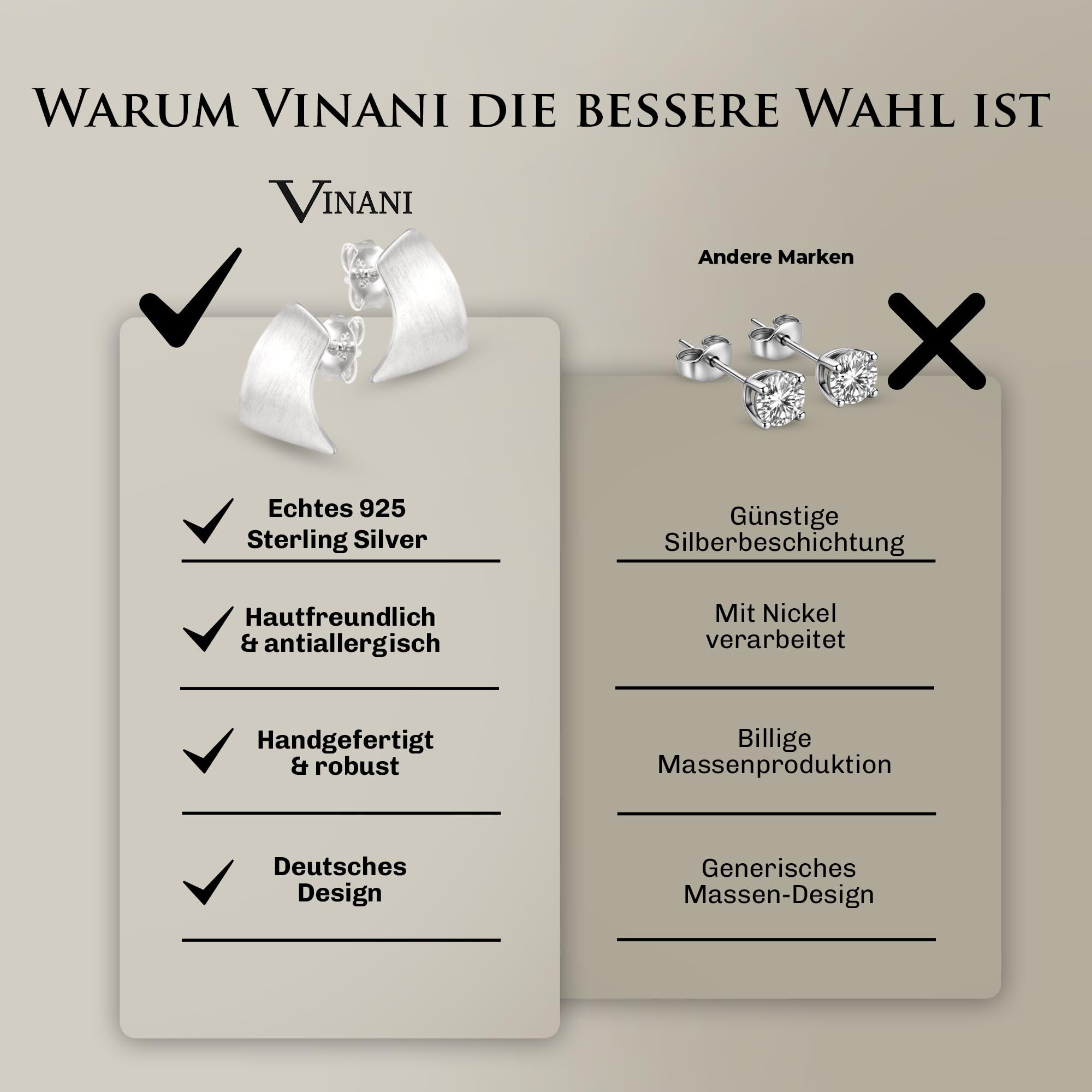 Vinani Damen Ohrstecker 925 Silber - Rechteck geschwungen mattiert - Ohrring Set aus 925 Sterling Silber für Frauen - OACM