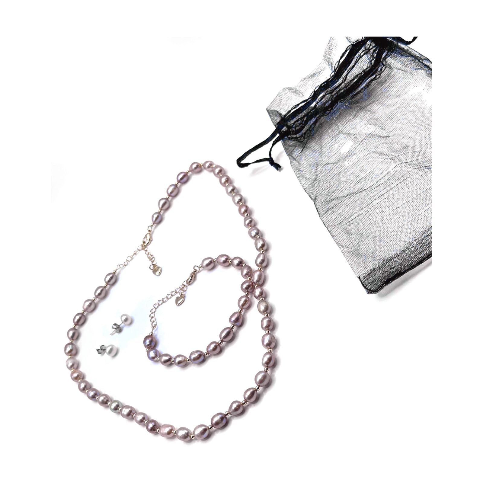Parure di gioielli da donna con perle d'acqua dolce – collana di perle di riso naturali lavanda da 6 – 7 mm, bracciale e orecchini – accenti dorati