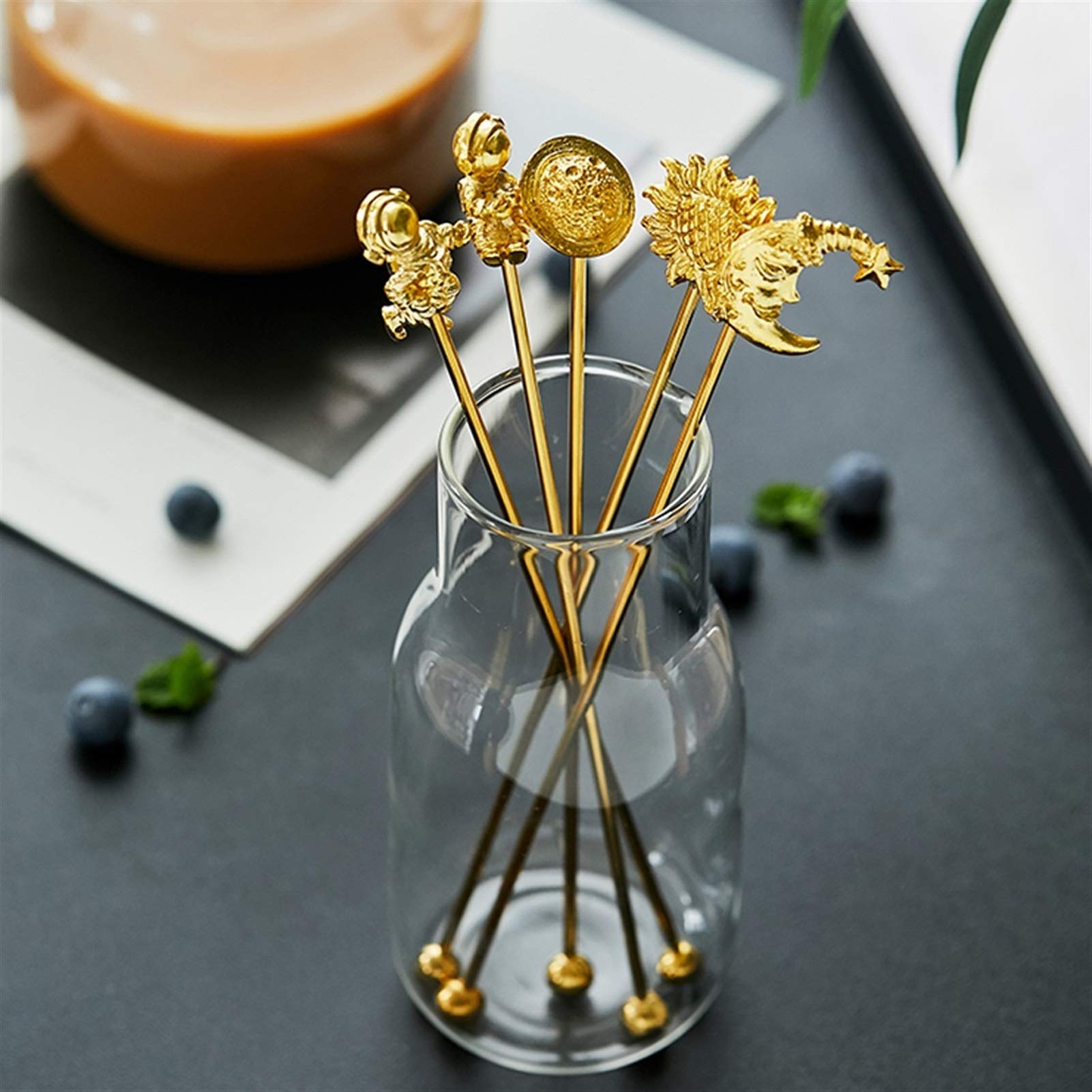 Cucharas de Postre Coffee agitando el palillo Creativo Acero Inoxidable Swizzling Stick Fruit Leche Tea Leche Cocktail Bebida Remitente Reutilizable ​Cucharas de Cóctel (Color : A)