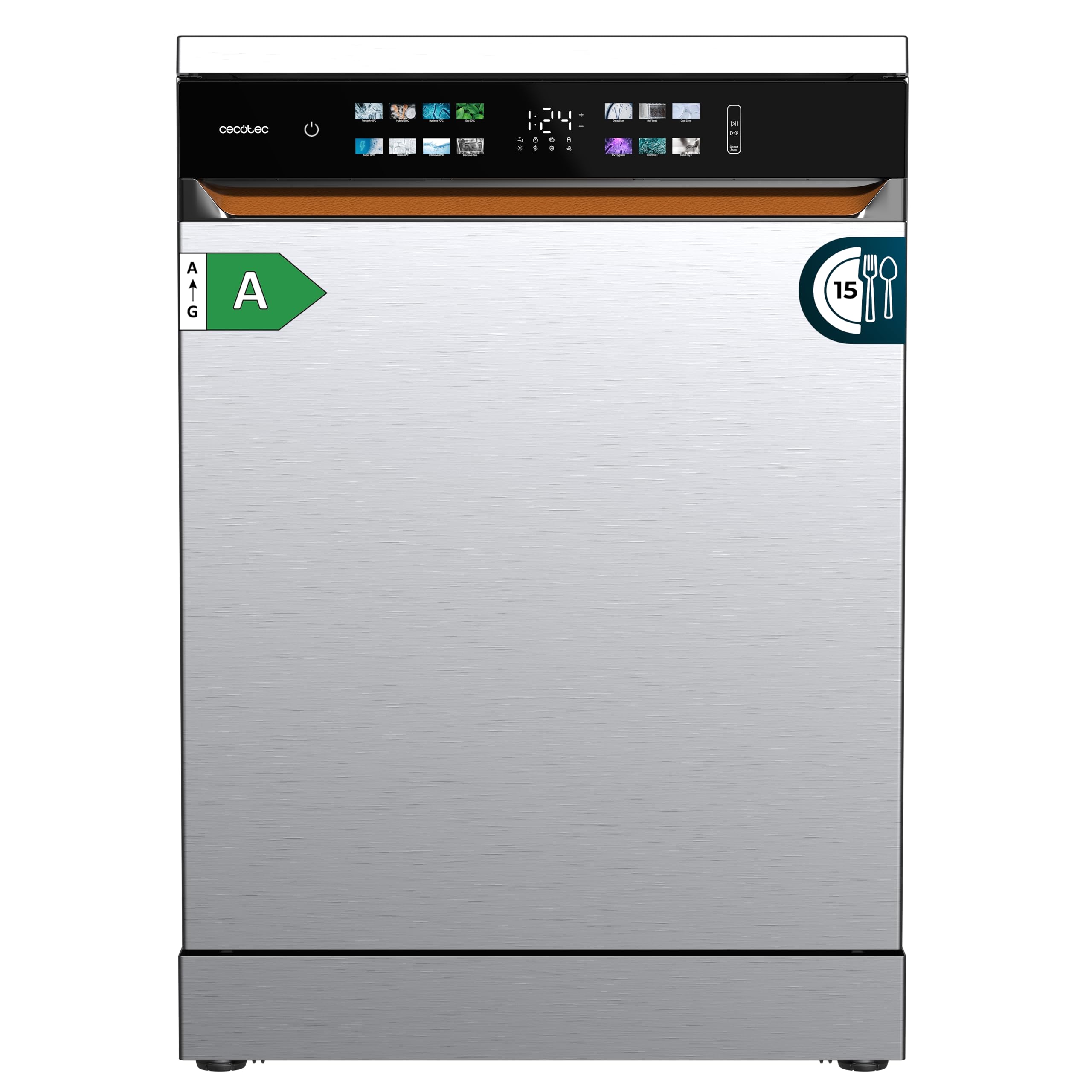 Cecotec Geschirrspüler Bolero Aguazero 6900 Edelstahl. 60 Cm Spülmaschine, 15 Maßgedecke, 8 Programme, Energieeffizienzklasse A, Dual Zone Wash, Inverter Plus Motor, UV Hygiene, Leiser Betrieb