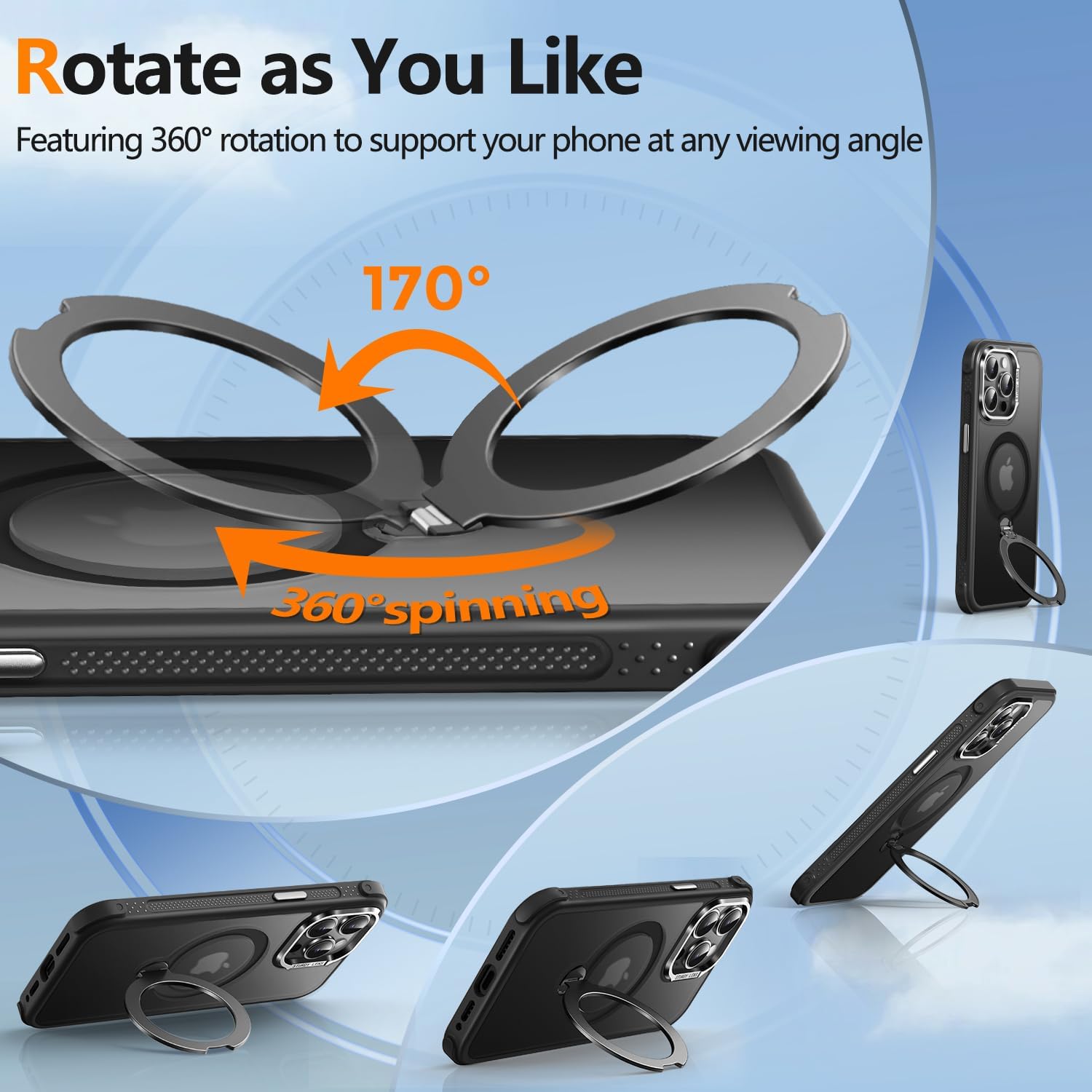 O3 Mag-Stand Designed for iPhone 14 Pro Max Case with 360° Spin Stand, [Compatible with MagSafe][Super Skin Feeling] Translucent Matte Magnetic Slim Phone Case 6.7 inch, Matte Black - Image 2