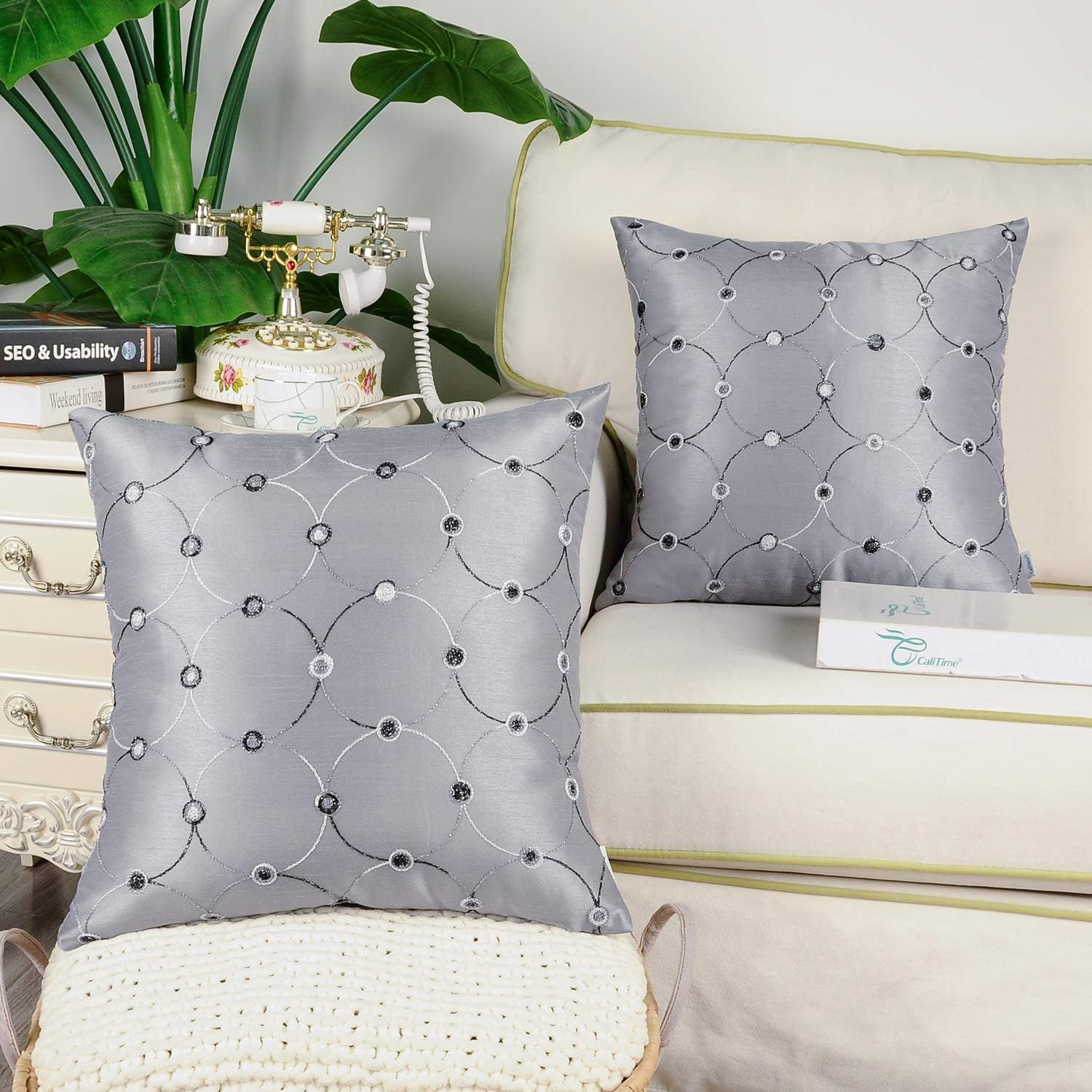 CaliTime Pack of 2 Cushion Covers Throw Pillow Cases Shells for Sofa Couch Home Decoration Modern Simple Circles Rings Dots Geometric Chain Embroidered 18 X 18 Inches Gray