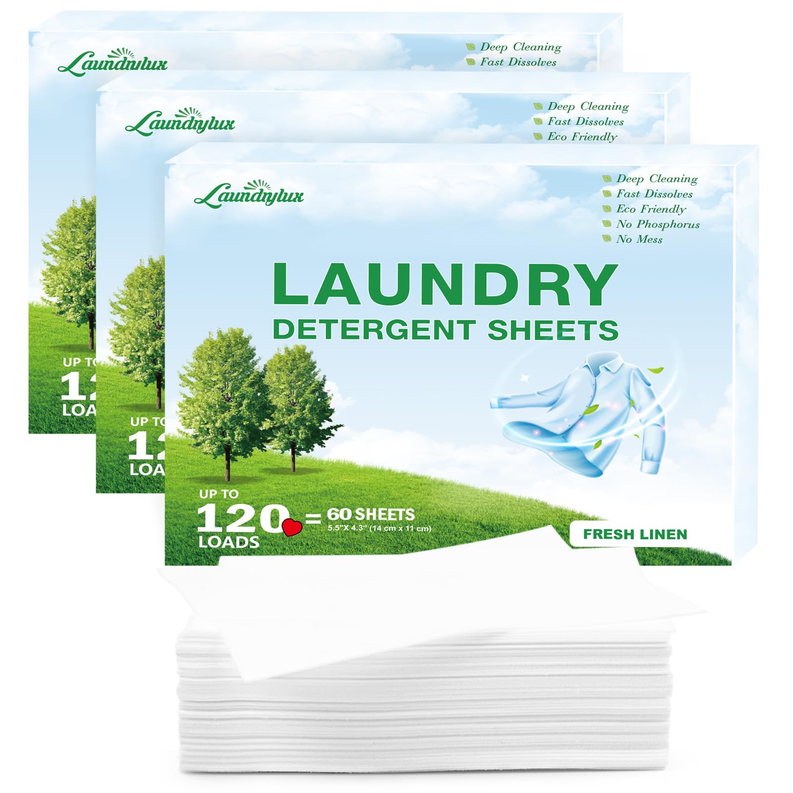 LAUNDRYLUX Waschmittelblätter, umweltfreundliche und hypoallergene Waschmittelstreifen, natürliche Inhaltsstoffe, reisebereit, kein Plastikkrug, frischer Duft, (120 Waschladungen), 60 Blatt, 3 Stück