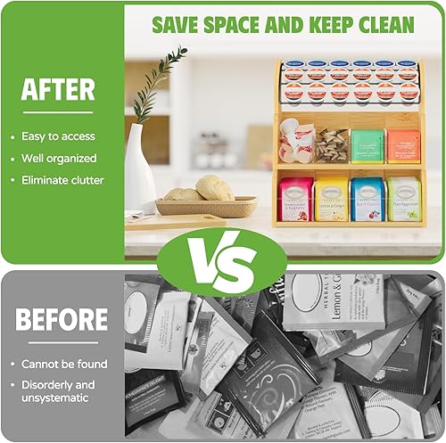 Miniatura 4 de LASZOLA Organizador de bolsas de té y café de bambú para gabinete, mostrador de oficina, 3 niveles de gran capacidad vertical K Cup y estante de