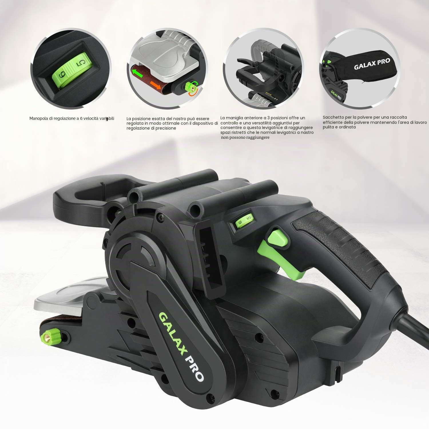 GALAX PRO Levigatrice a nastro con regolazione del numero di giri e attacco per aspirapolvere, 1010 W, con superficie di levigatura da 533x76 mm