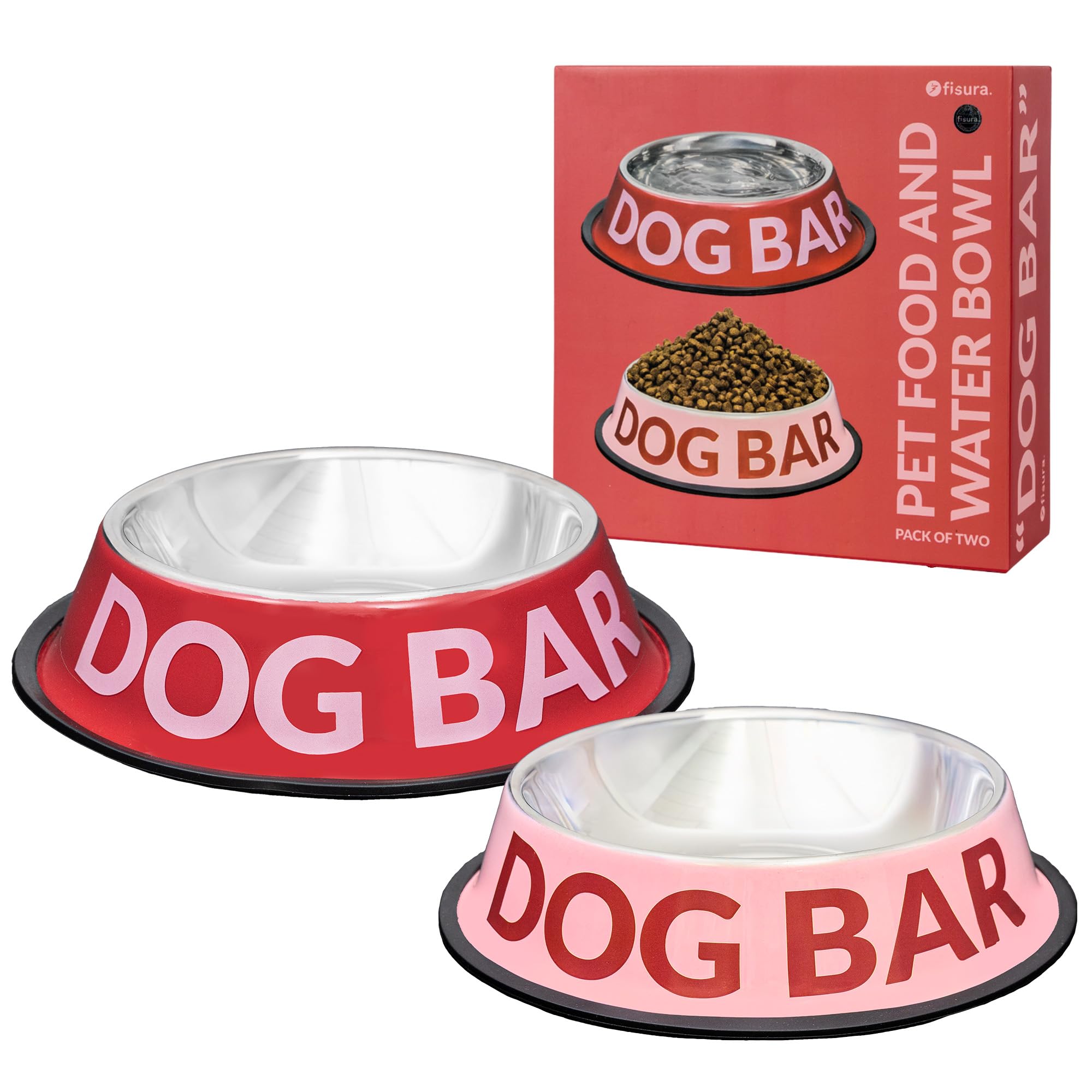 Fisura – 2 hondenbakken van roestvrij staal dog bar. Antislip hondenvoerbak rood en roze. Voerbak 500 ml en waterbak 1000 ml. Perfect voor stijlvol eten en drinken