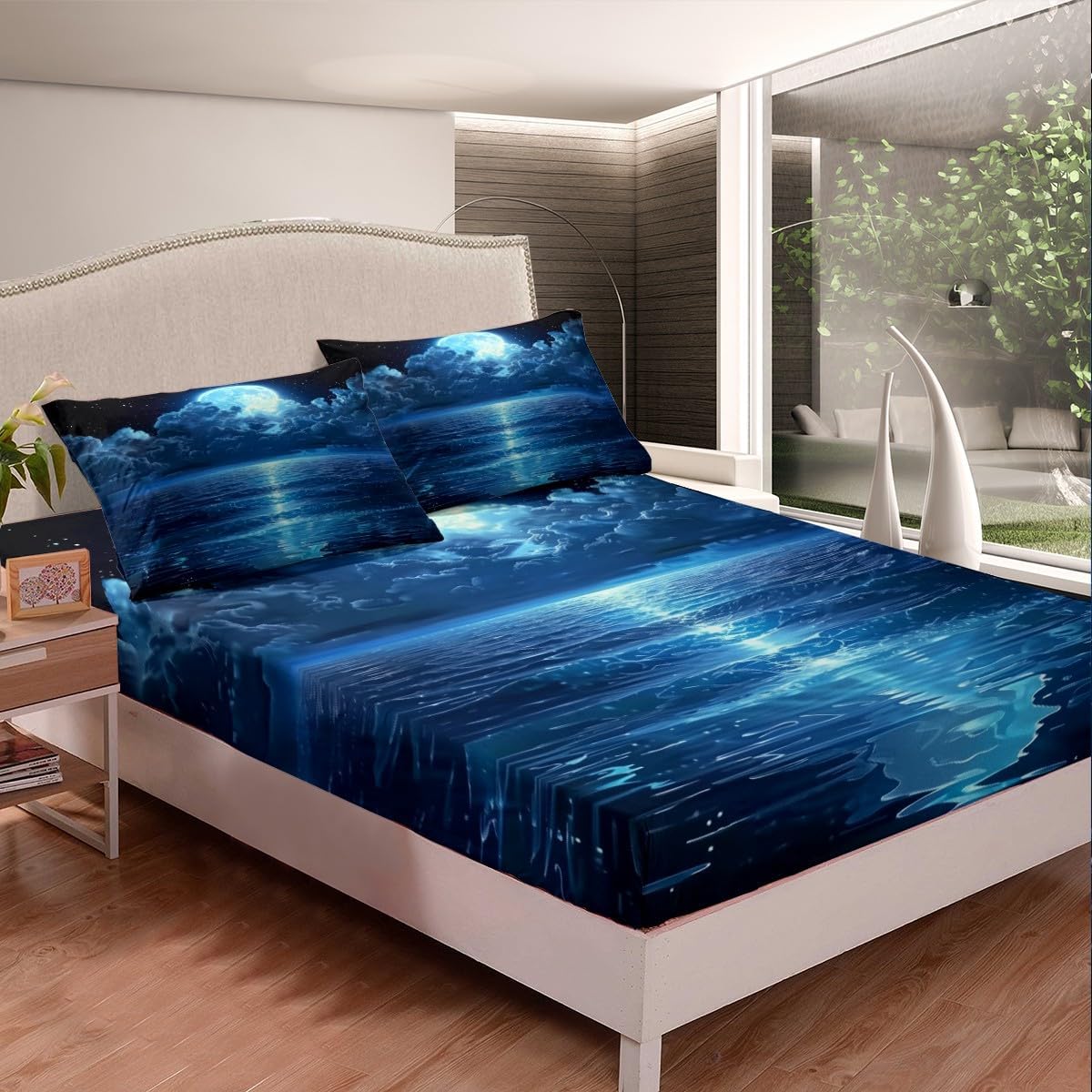 Feelyou Moonlight Beach Sheets with Deep Pocket Fitted Sheet Queen Size Coastal Ocean Seagull Sheet Set for Boys Girls Natural Landscape Bed Sheets Set Bedding Set,with 2 Pillow Cases