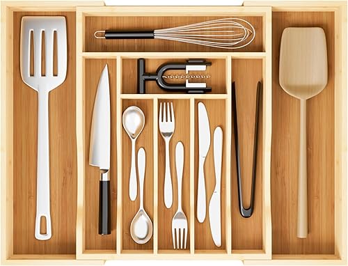 Bandeja organizadora de cajones de bambú expandible y ajustable, organizador de cajones de cubiertos para utensilios de cocina, organizador de