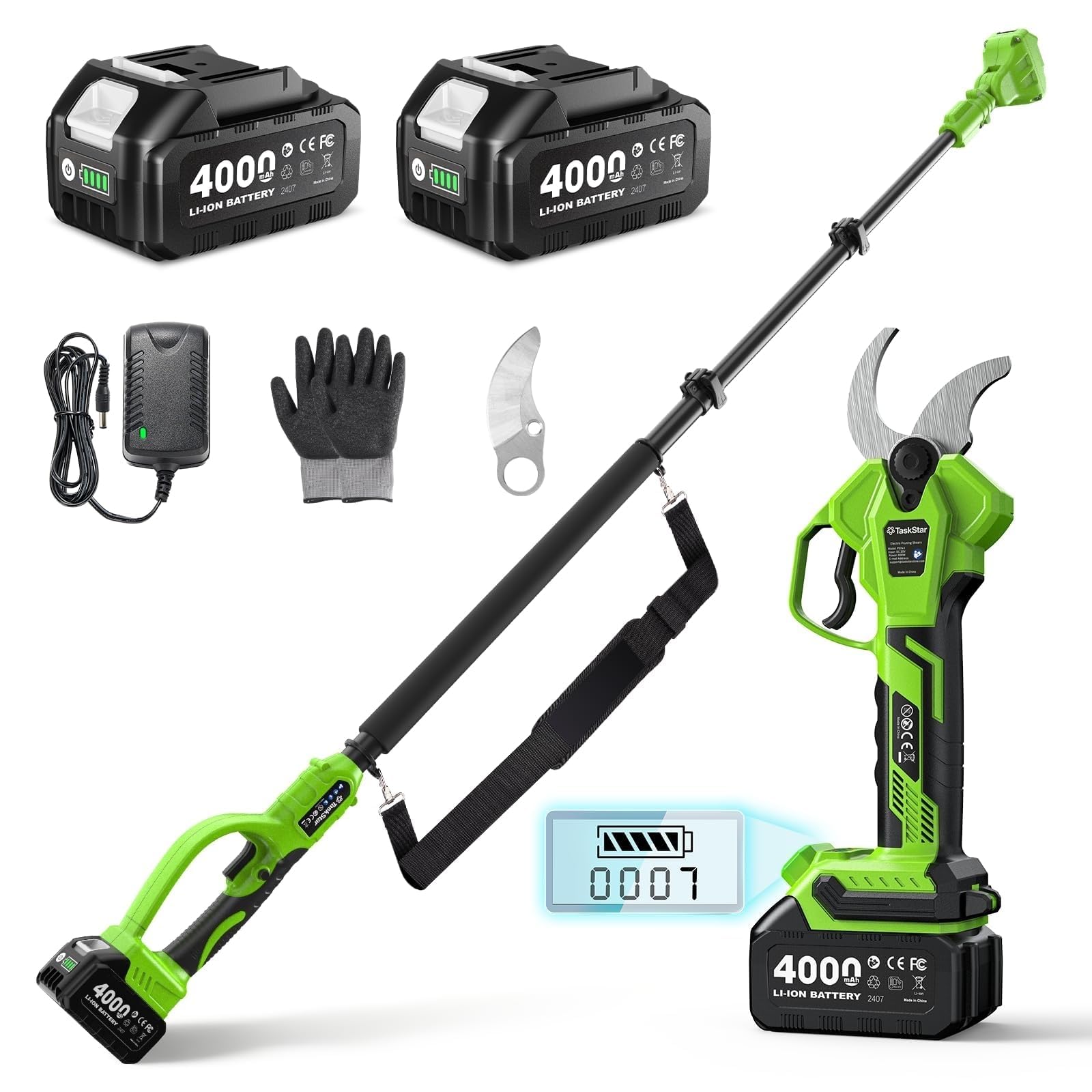 TaskStar Forbici Potatura a Batteria 2 in 1: 40mm Forbici Potatura Elettriche con Asta Telescopica, 2 Batterie da 4000mAh, Lama SK5 Extra, Motore Brushless, 4 Modalità di Taglio per Fiori e Alberi