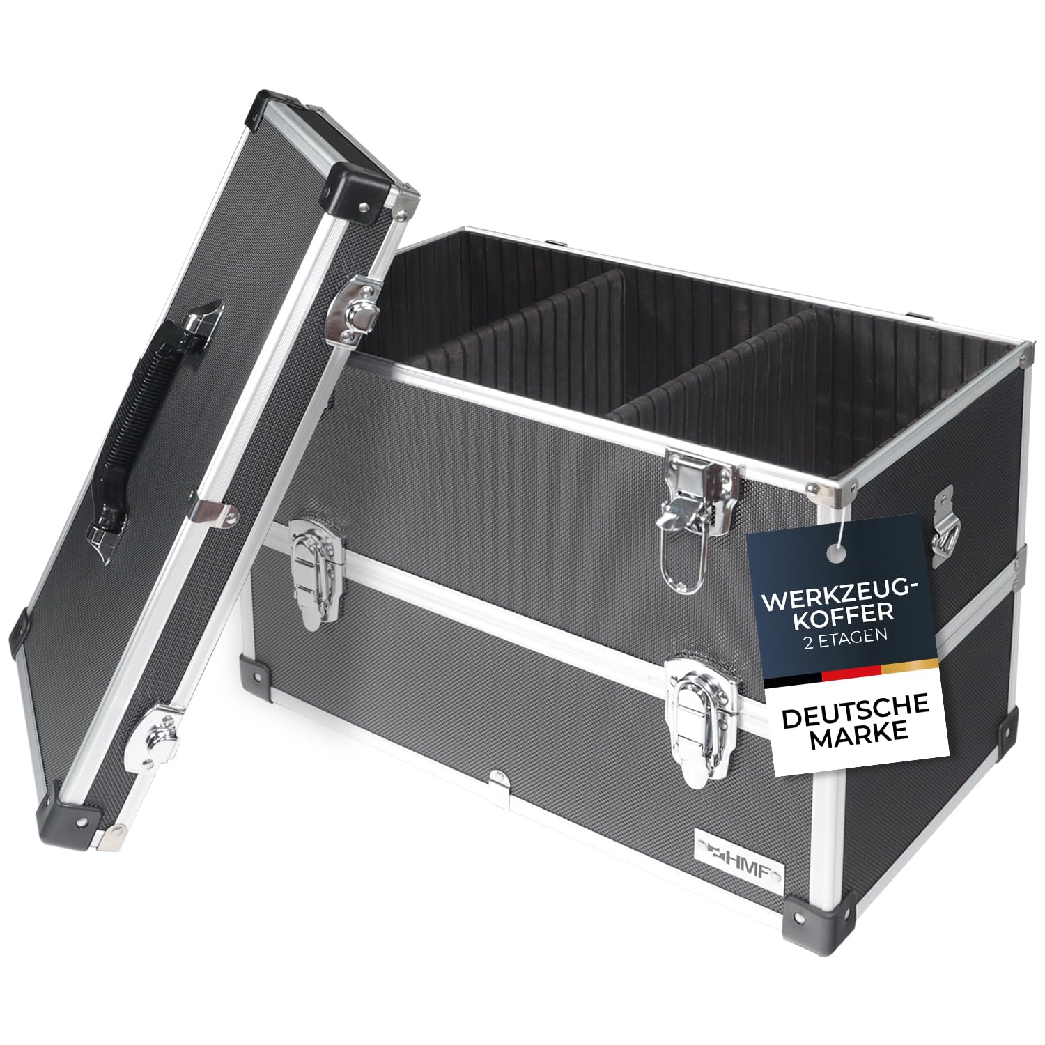 HMF 14660-02 Alu Werkzeugkoffer leer, 2 Etagen, 44 x 32,5 x 24 cm, schwarz