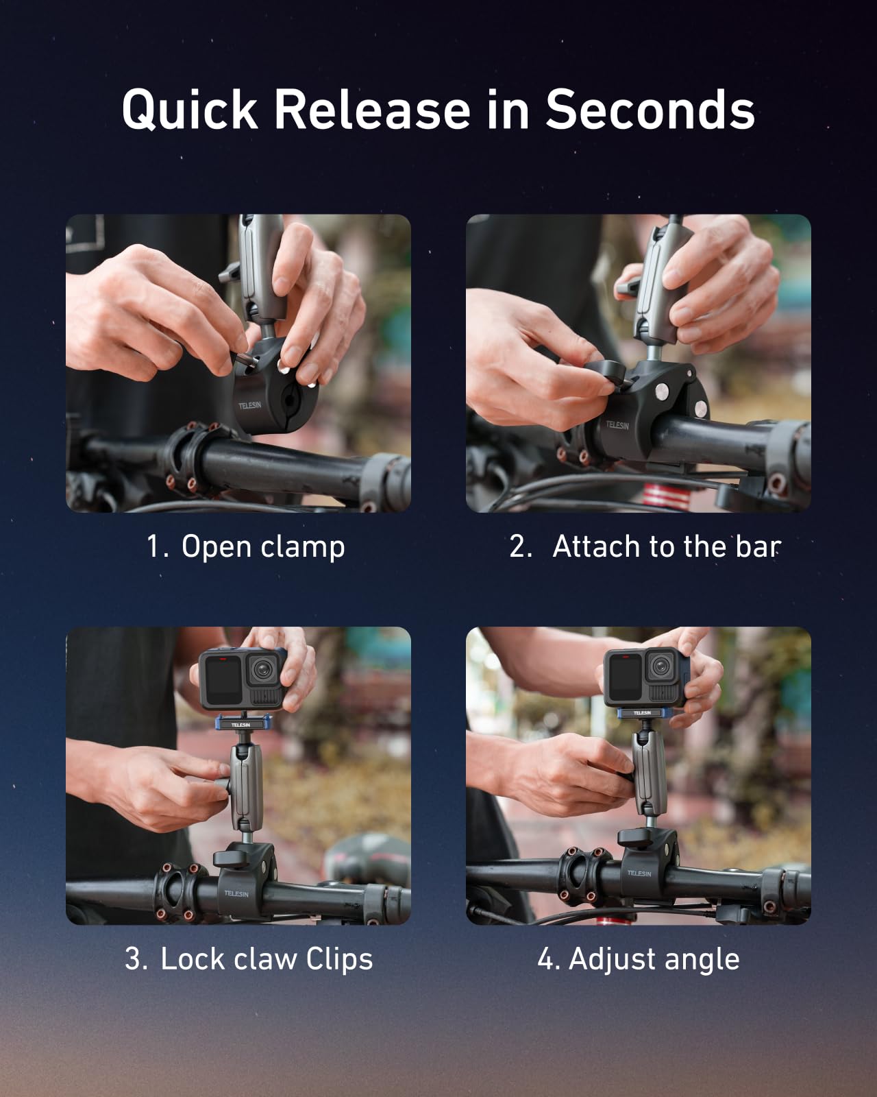 TELESIN Super Clamp per Moto/Bici per GoPro Hero 13, 9-38mm | Manubrio, morsetto potente e testa sferica 360°, per manubri da 9 a 38 mm