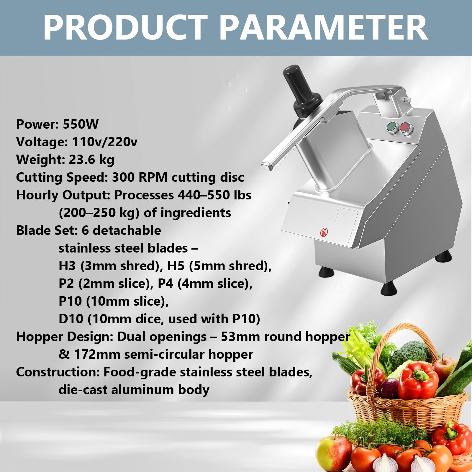 BANGBANGJI Tagliaverdure Automatico Multifunzionale Commerciale, tritaverdure Commerciale da 550 W, Tritatutto per cipolle, con 6 Lame, Adatto per cucine Commerciali