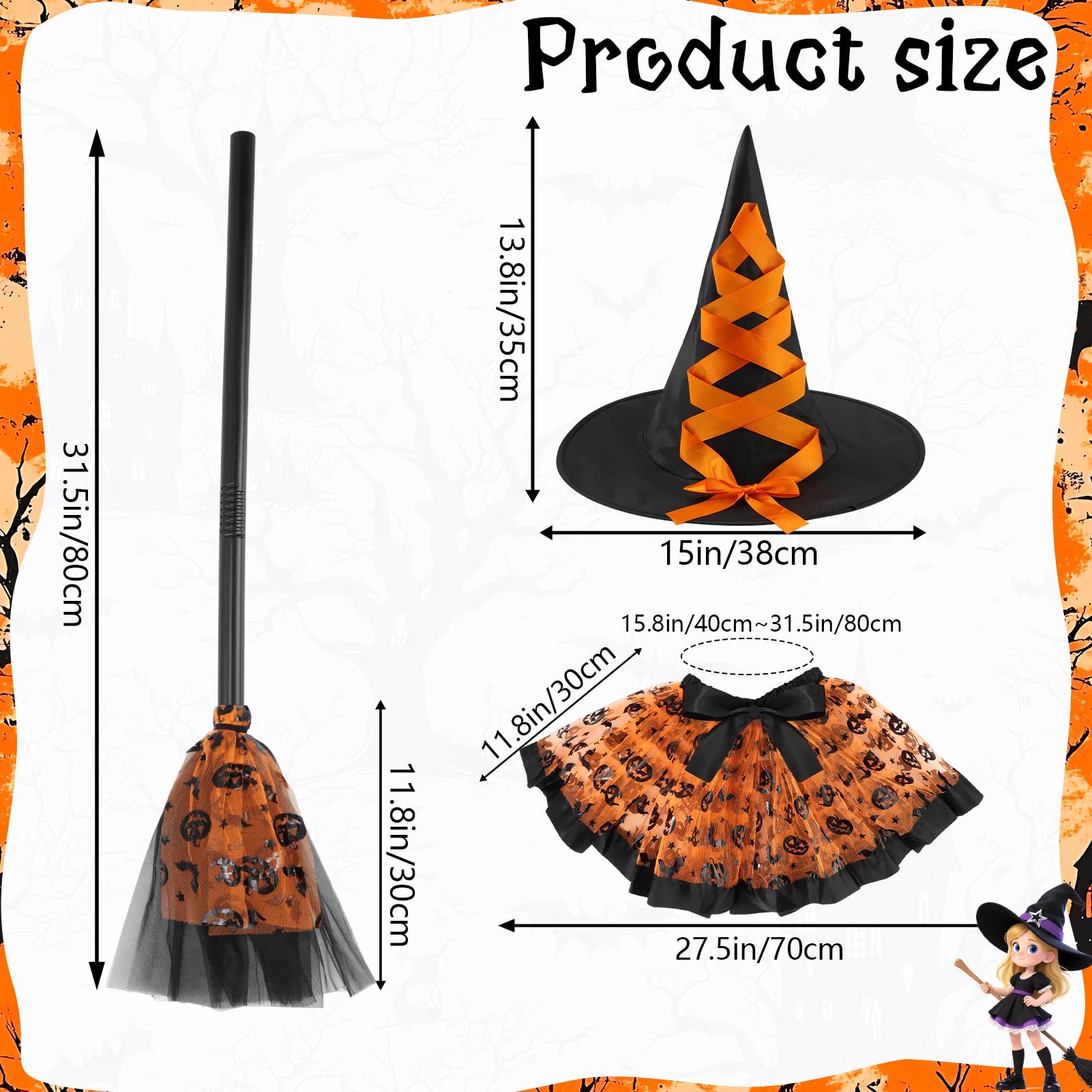 Halloween Witch Costume Toddler Girls Witch Tutu Skirt Set including Hat Broom Tutu Costume for Halloween Themed Parties (Orange) - Image 2