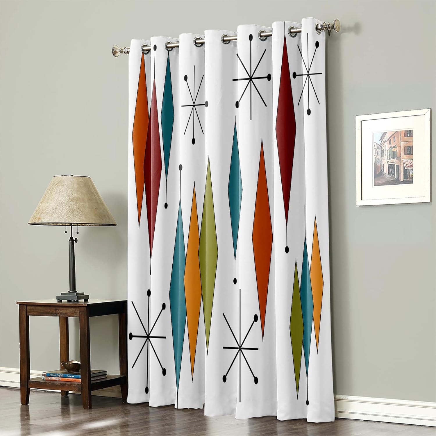 Grommet Blackout Curtains for Bedroom 63 Inches Long Retro Turmeric Green Red