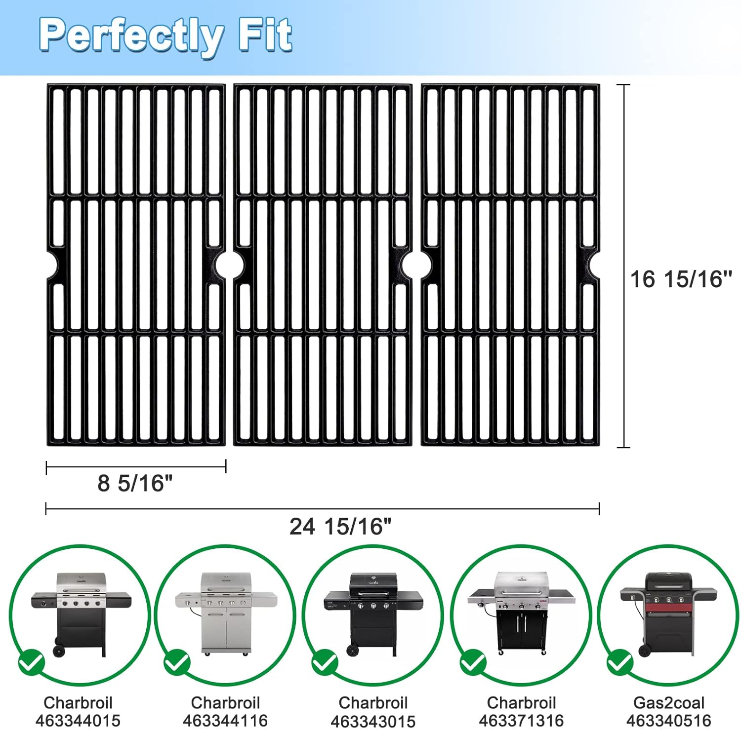 Adviace 16 15/16" Grill Grates for Charbroil Advantage 463344015, 463343015, 463344116, Gas2coal Grill Parts 463340516, 463370516, Cast Iron Cooking Grates Replacement for G467-0002-W1, G421-0008-W1.