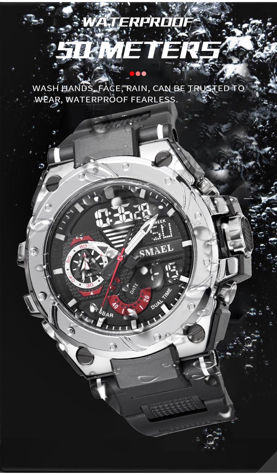 Montre Sport Homme Digitale Etanche 5 Bar avec Chronographe Alarme LED Eclairage Date-Montres avec Bracelet en Silicone