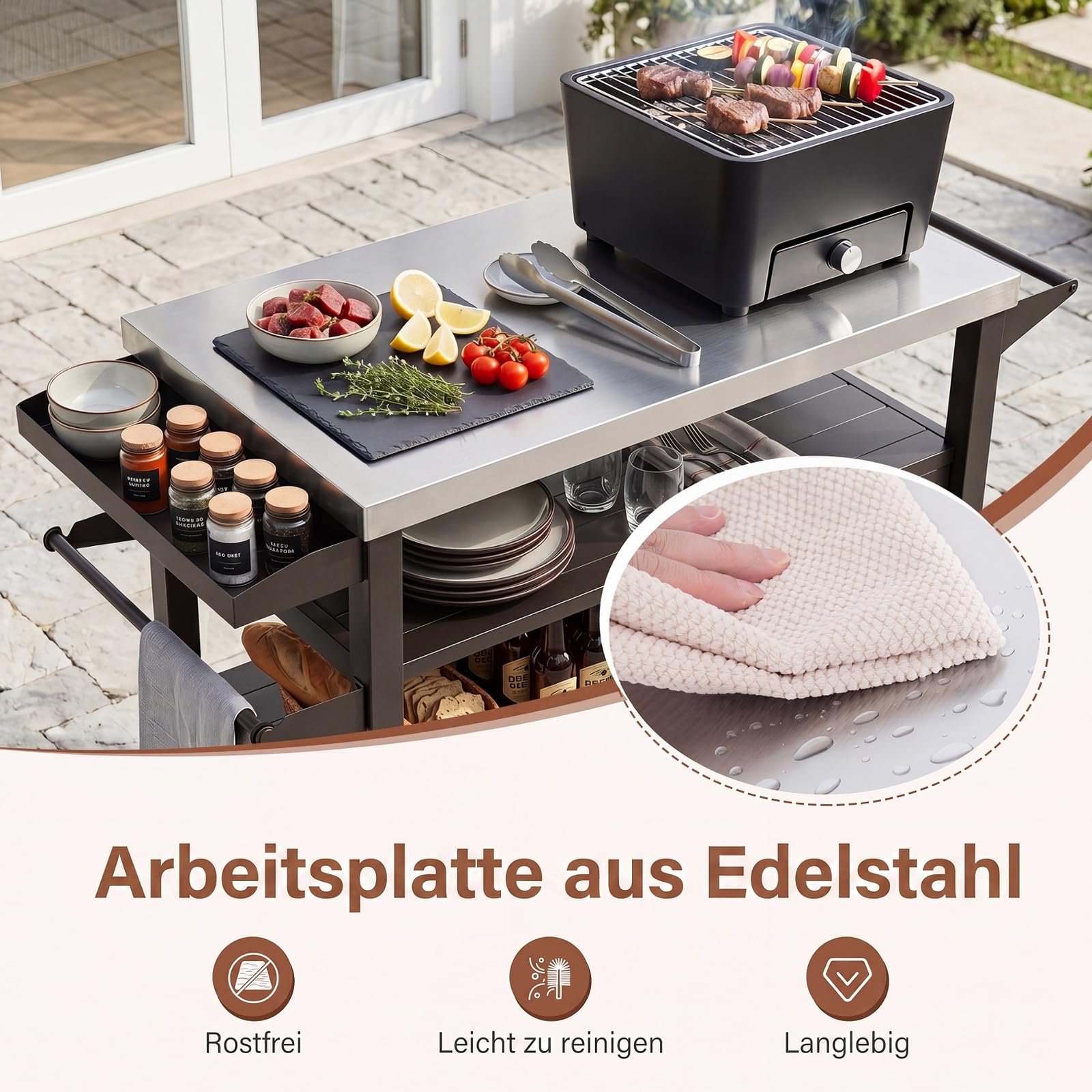 COSTWAY Grillwagen Outdoor, Grilltisch auf Rollen, Servierwagen mit Edelstahlarbeitstisch, 3 Ablagen, Schrank, Gewürzregal & Griff, Beistelltisch für BBQ, Hinterhof Garten Terrasse, Metall, Braun