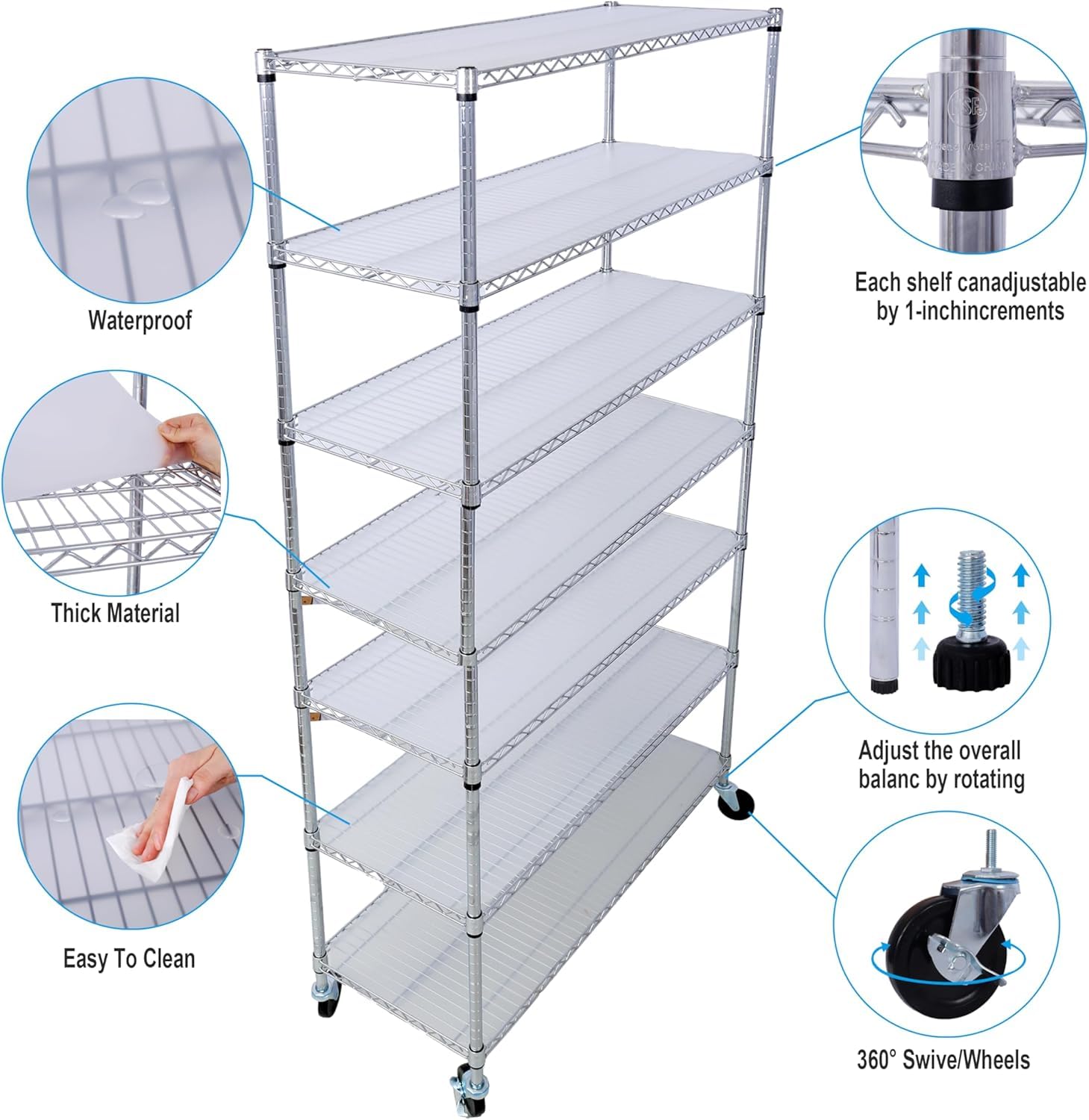 Scaffale in Filo Metallico A 7 Ripiani Resistente con Ruote, Regolabile, Portata Massima 1110 kg, Ideale per Armadi, Garage, Cucine E Cantine - Dimensioni: 207 Cm (Altezza) X 122 Cm (Lunghezza)