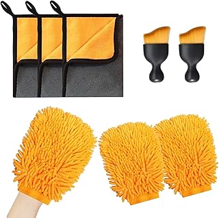 Autopflege Set,7 Stück Autopflege Set mit 3 pcs Mikrofasertücher Auto,2Pcs Mikrofaser Waschhandschuh &2er Auto Innenreinigung Weiche Bürsten,600GSM Mikrofasertücher Autos,Poliertücher Trokentuch
