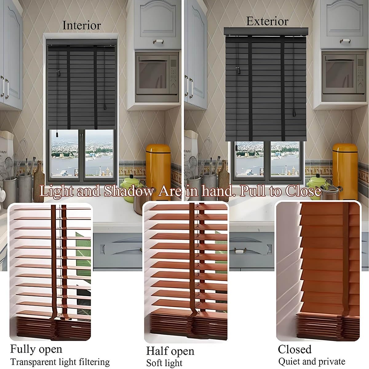 Faux Wood Home Window Blinds 2 inch Cordless 34x60 35x60 30x72 34x72 32x48, Bedroom Wood Window Shades, Indoor Natural Solid Window Blinds for Office Interior Door Blackout Privacy(Black)
