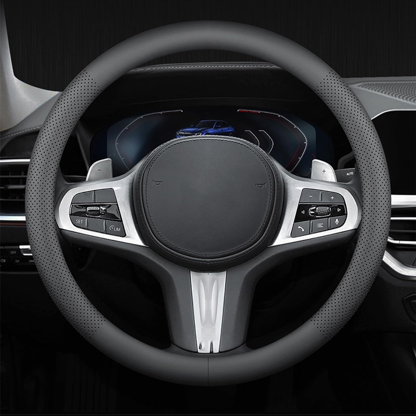 Echtes Leder Lenkradbezug, EIN 38cm Ultra-Dünnes Anti-Rutsch D-Typ Lenkradbezug Leder, Lenkradhüllen Vier Jahreszeiten Universell, Langlebig Auto Lenkradbezug(Schwarz)