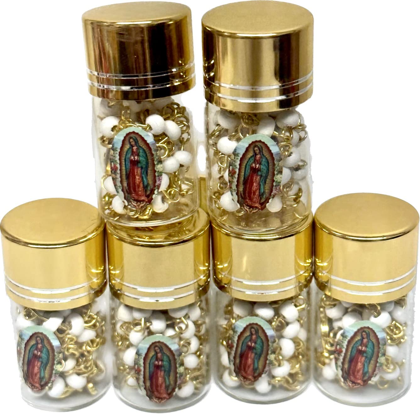 Birsppy OOKI-12pcs Scented Rosary in Glass Jar Bottle Beads Rosary Silver Catholic Crucifix Necklace Virgin Mary lot of 12 (White with Gold)