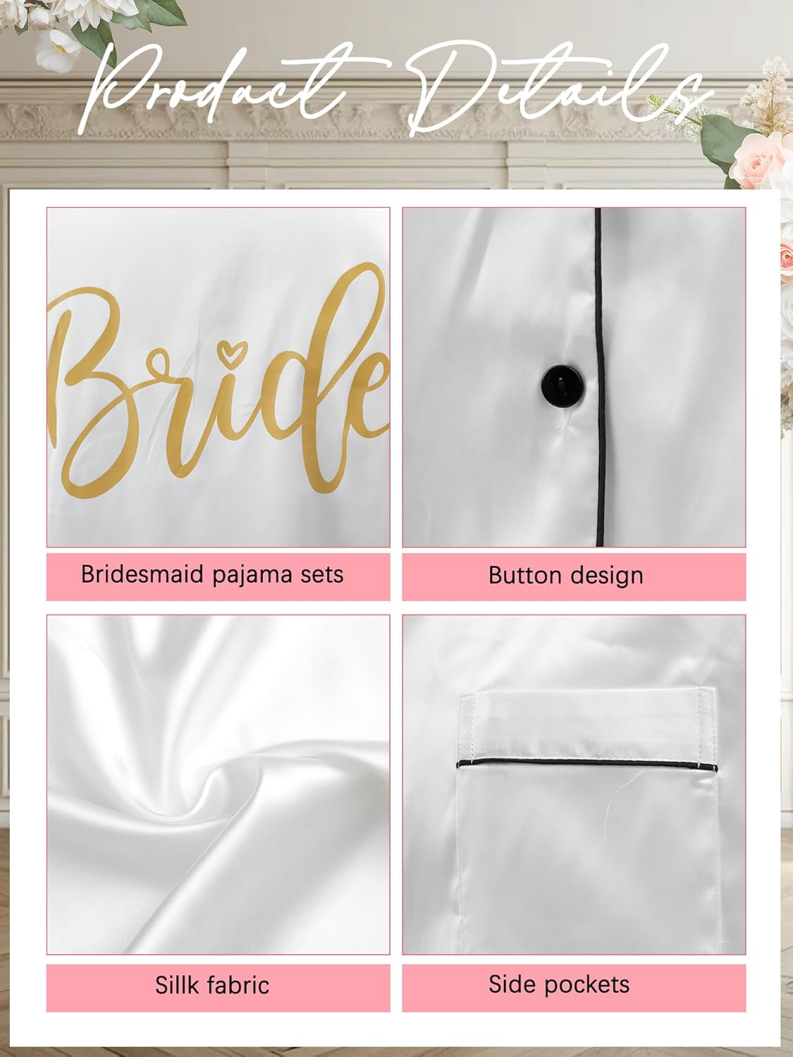 Jecery Bridal Party Pajamas Set for Bride & Bridesmaids, Satin Pjs Set with Hair Band Wedding Morning Sleepwear Gifts - Image 4