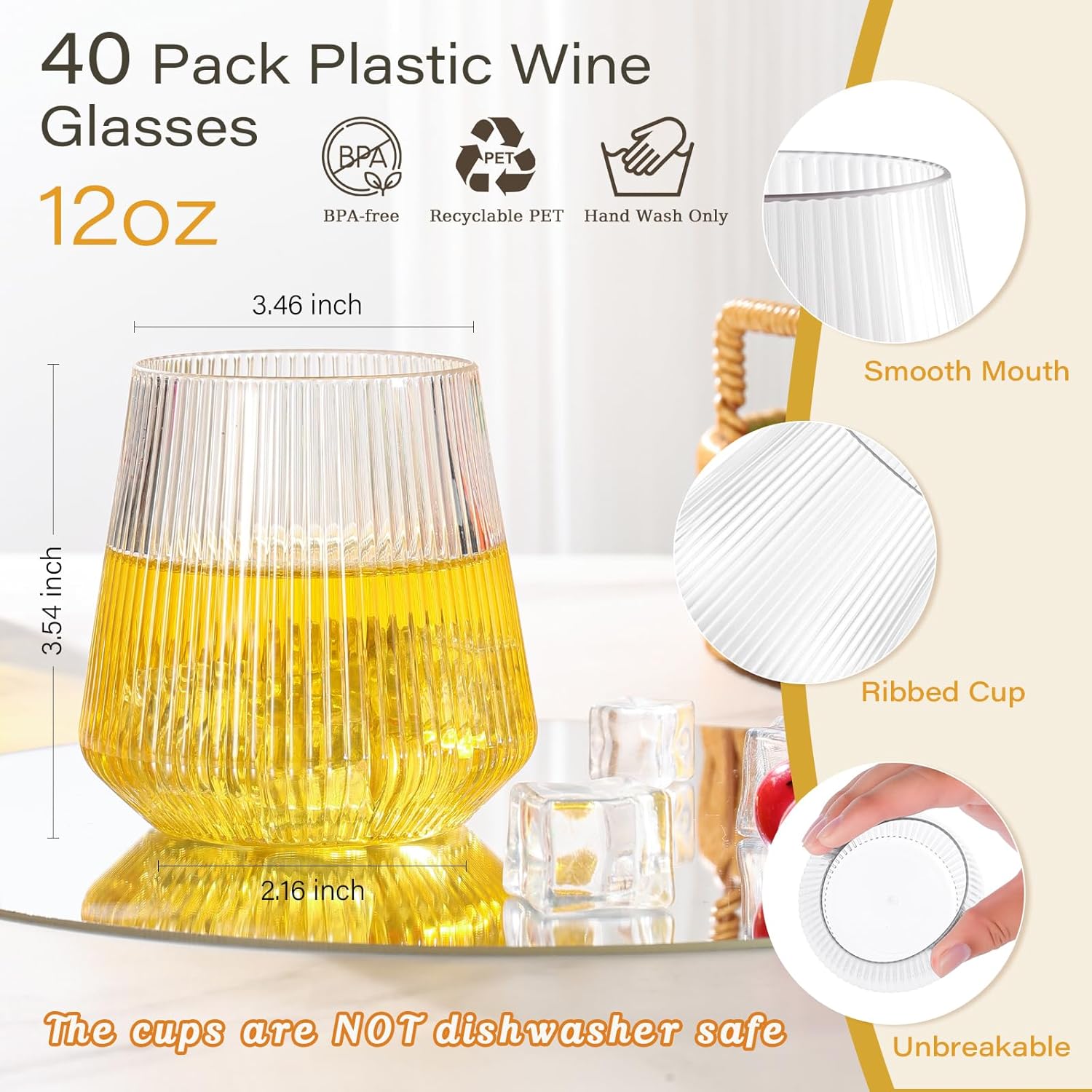 tchrules 40 Pack 12oz Plastic Stemless Wine Glasses, Clear Disposable Ribbed Cocktails Whiskey Glasses, Unbreakable Outdoor Plastic Drinking Cups for Party Wedding Birthday Holiday Mimosa Bar Supplies Clear 12oz