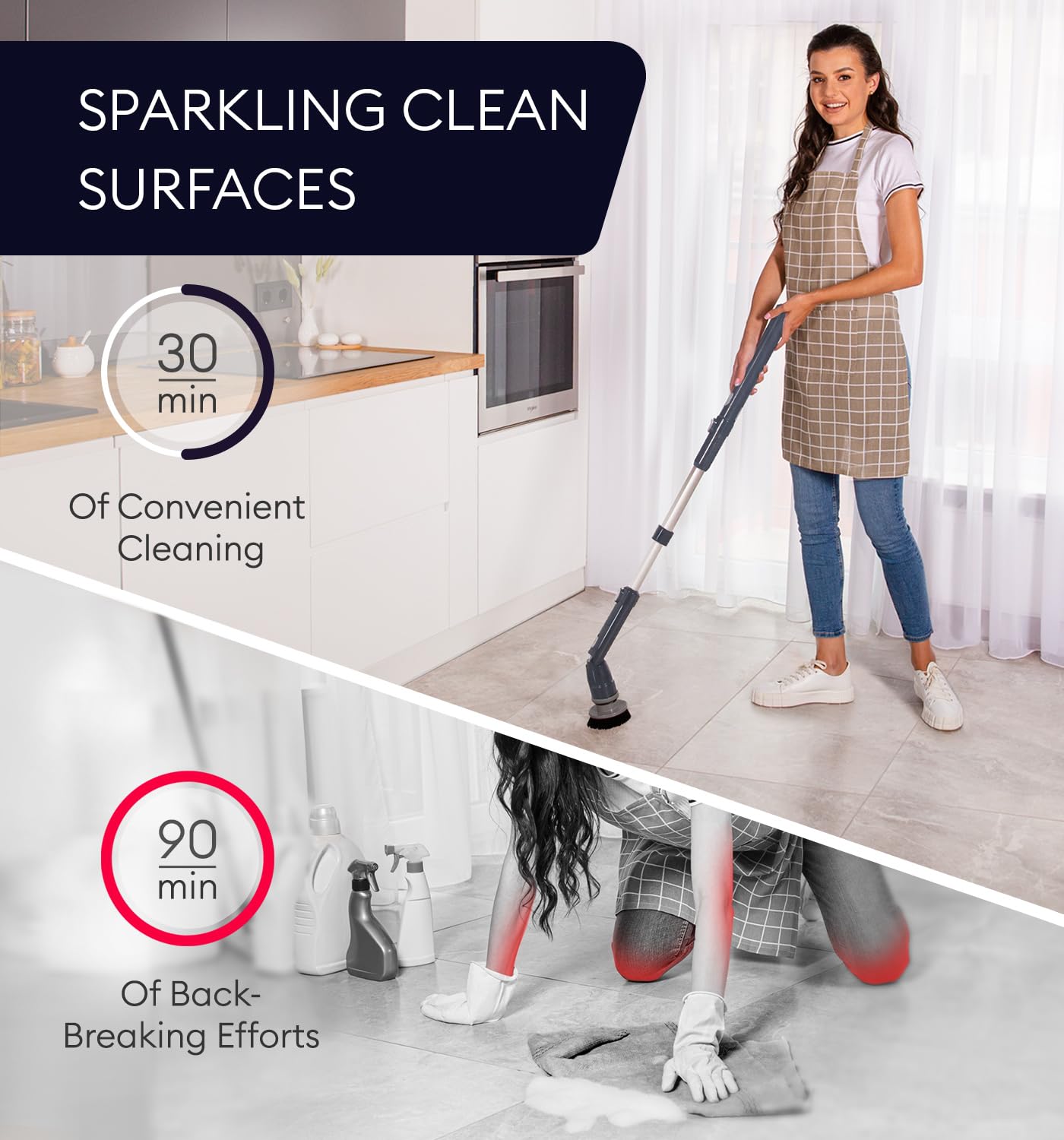 GENIANI Limpiador giratorio eléctrico, potente cepillo inalámbrico 360 para limpiar baño, azulejos, suelo, bañera y ducha con mango de extensión ajustable y 3 cabezales de cepillo giratorios