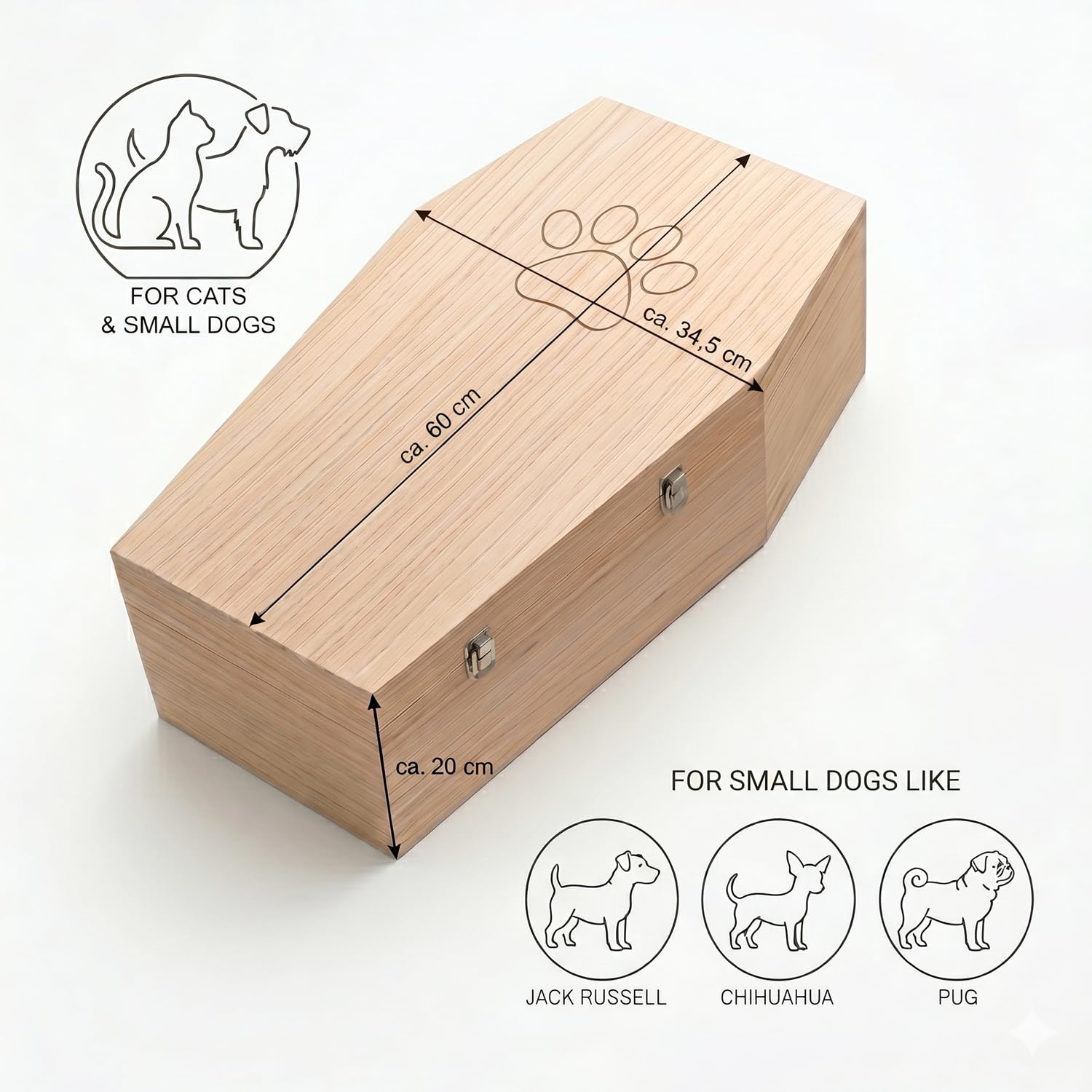 PrimoLiving ataud de Madera para Mascotas Acabado Natural - tamaño XL para Mascotas Medianas - ataud para Mascotas con Cierre Fijo de Metal - ataud Hecho de Madera