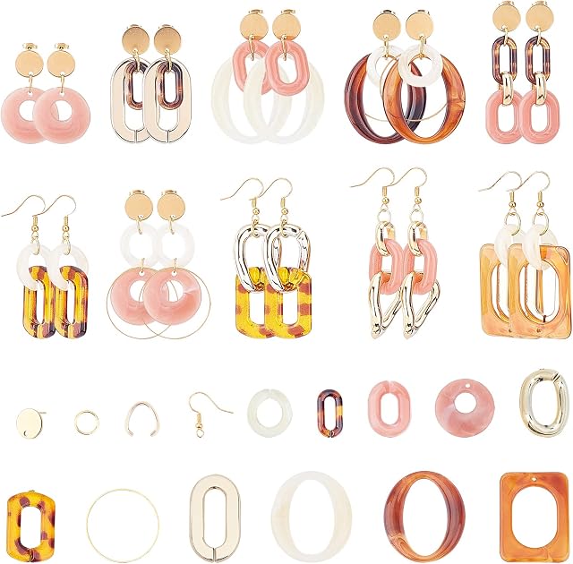 SUNNYCLUE 1 Box DIY Make 10 Pairs Resin Earring Making Kits Oval Linking Ring Charms Rectangle Acrylic Pendants Earring Findings for Adults Beginners DIY Earring Jewellery Making