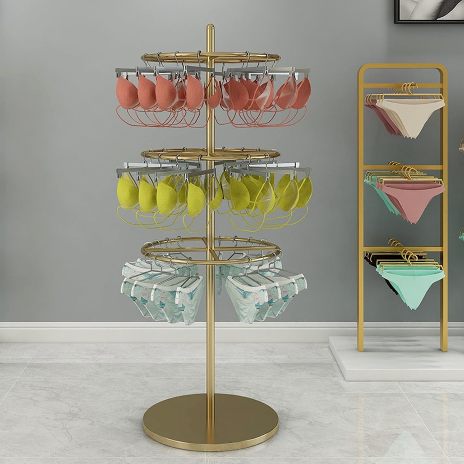 Rotatable Retail Display Merchandising Rack Store Fixture, Display Stand for Bra, Shorts, Socks, Underwear Round Rotating Spinner Shelf for Mall, Exhibition and Retail Store (Color : Gold, Size : 3-