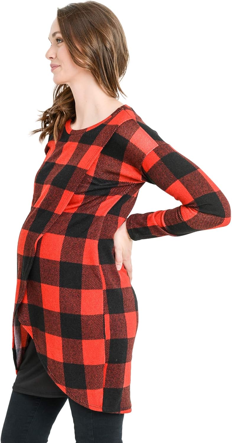 HELLO MIZ Women's Sweater Knit Long Sleeve Maternity Nursing Tunic Dress (Red Plaid/Black, L)