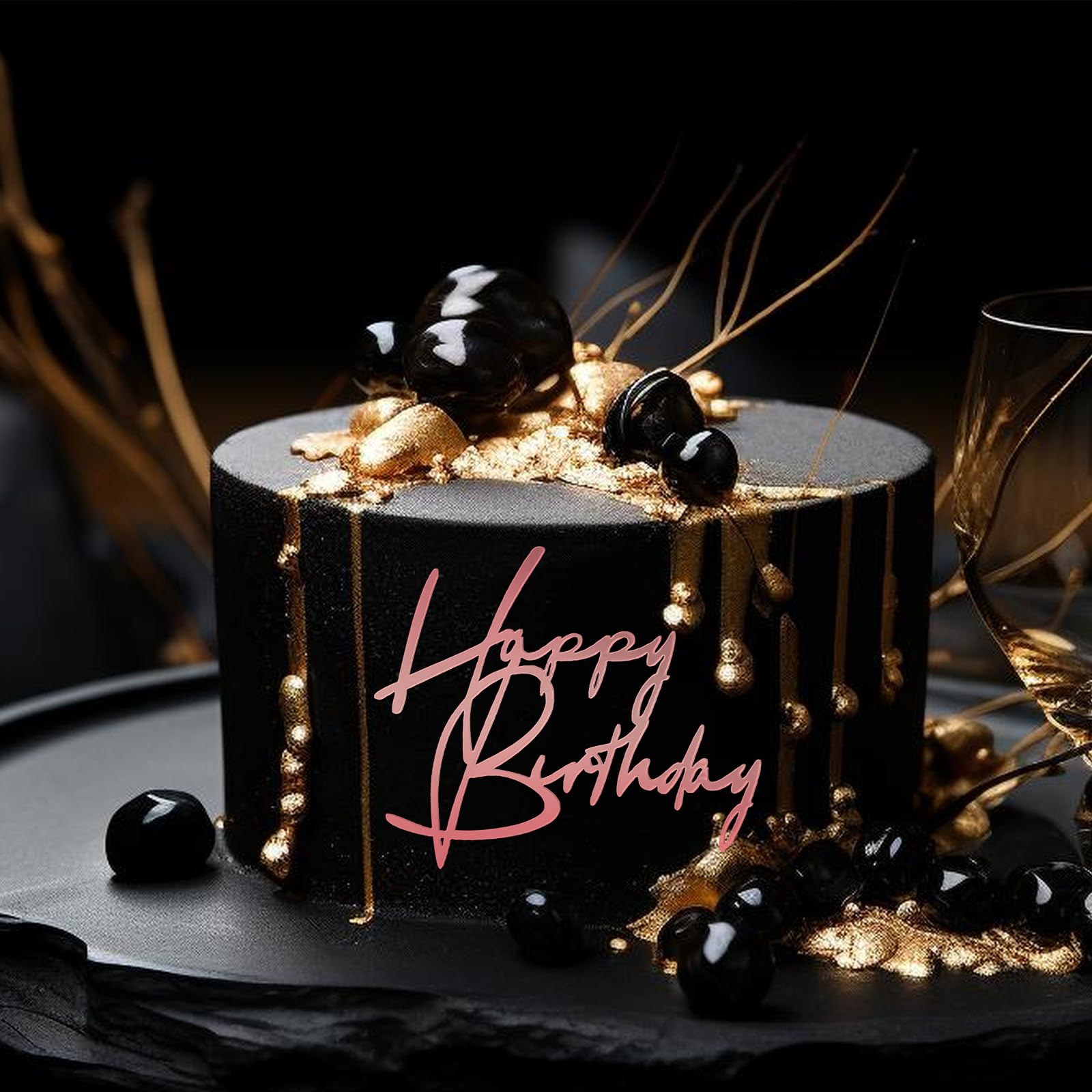 Happy Birthday Cake Topper Set, 6 Stück Aus Acryl - Schwarz, Spiegelnd, Wiederverwendbar