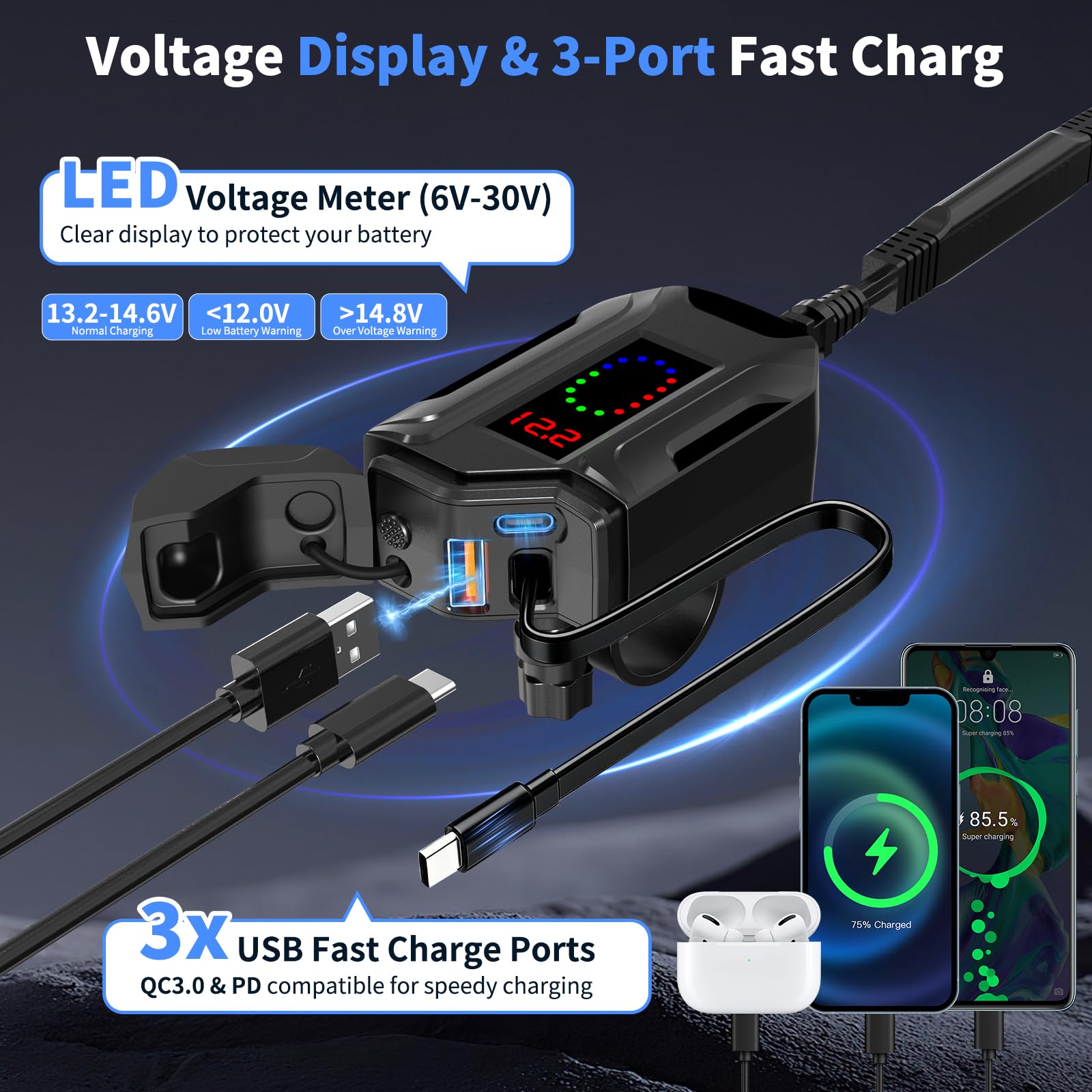 Prise USB Moto Etanche avec Un câble de Charge Rapide rétractable de Type C de 70 CM de Long, 3 en 1 Prise USB C pour Moto avec Interrupteur et voltmètre LED pour SUV Marin Bateaux (Black)