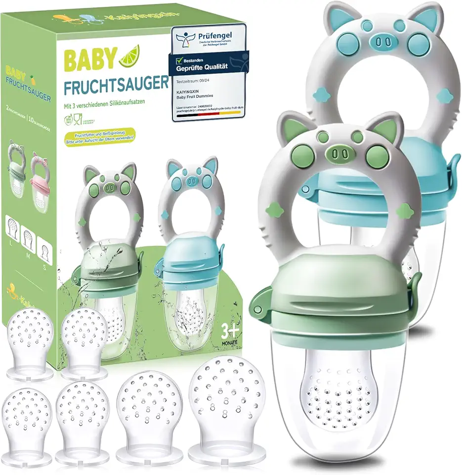 Tetine Grignoteuse Bebe, 2 Grignoteuse + 8 Tailles de Tétines Fruits Sans BPA, pour Enfants de 3 à 24 Mois L'aliment Complémentaire de Bouillie de Dentition Végétale