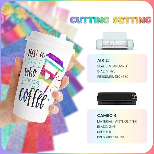 Miniatura 6 de GIRAFVINYL Paquete de vinilo holográfico con purpurina, vinilo permanente holográfico arcoíris de 12 x 12 pulgadas, 17 hojas de vinilo permanente