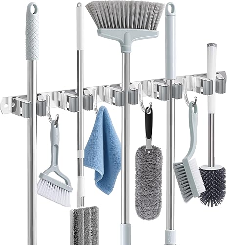 HANZENMA Broom Holder Wall Mount, Broom Organizer Wall Mount Stainless Steel Broom and Mop Hanger Heavy Duty Storage Organization for Home Kitchen