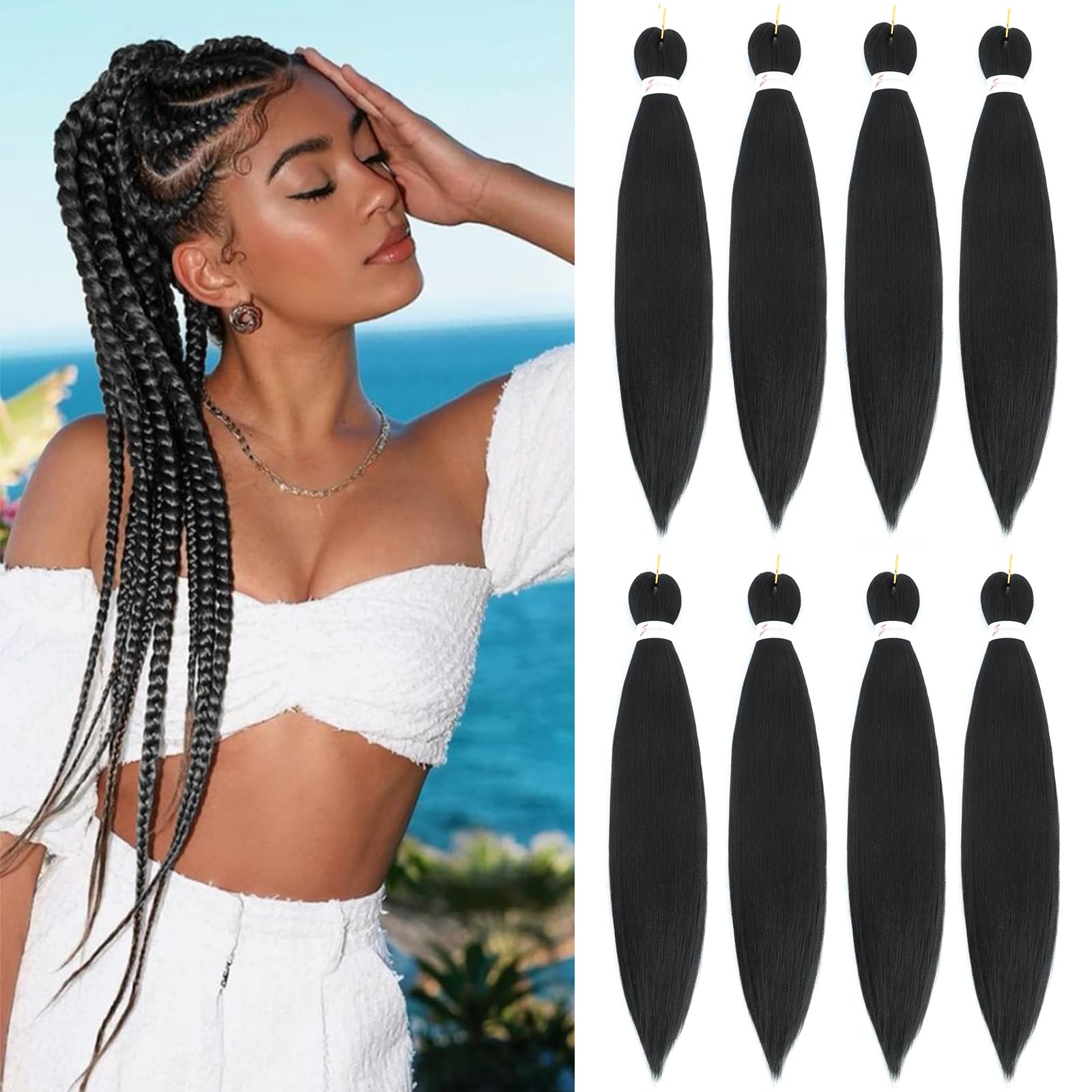Braiding Hair Pre Stretched 24 Inch 8 Packs Long Braiding Hair Extension Pre Stretched Braiding Hair Professional Synthetic Hair For Braiding Hot Water Setting Soft Yaki Texture(24"