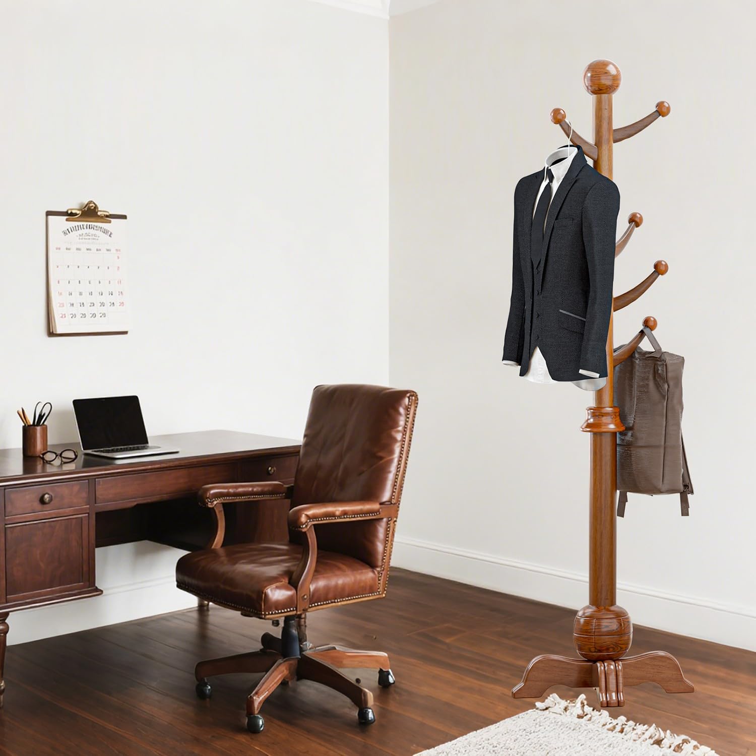 Perchero de Pie de Madera, Perchero de Pie en Forma de árbol, Árbol de Pasillo Regulable en Altura, Base Resistente, Perchero para Pasillo, Entrada, Hogar