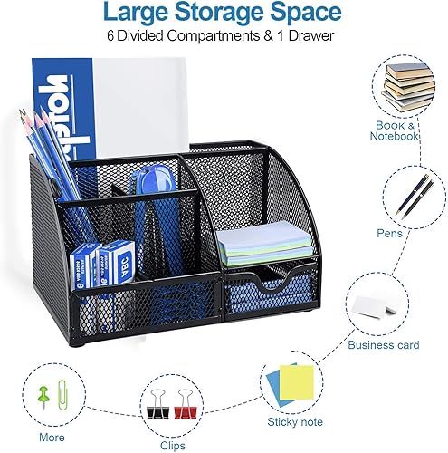 Miniatura 2 de Refand - Organizador de escritorio de malla suministros de oficina de escritorio multifuncional soporte para bolígrafos con 6 compartimentos y 1