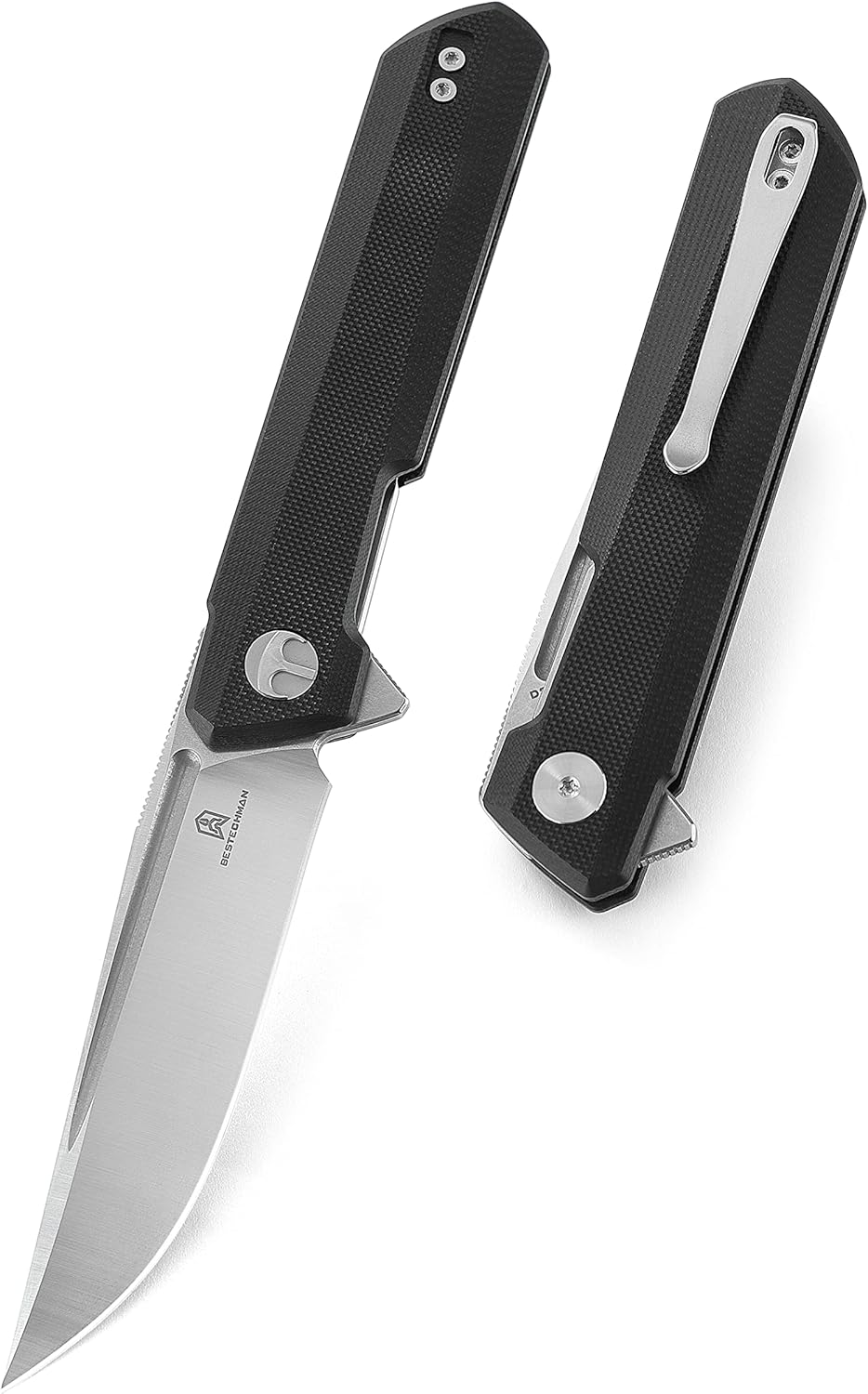 BESTECHMAN Dundee Pocket Folder Folding Knife: 3.35" D2 Steel Stonewash Satin Blade, G10 Scales, EDC Reversible Deep Clip, BMK01C (Grey)