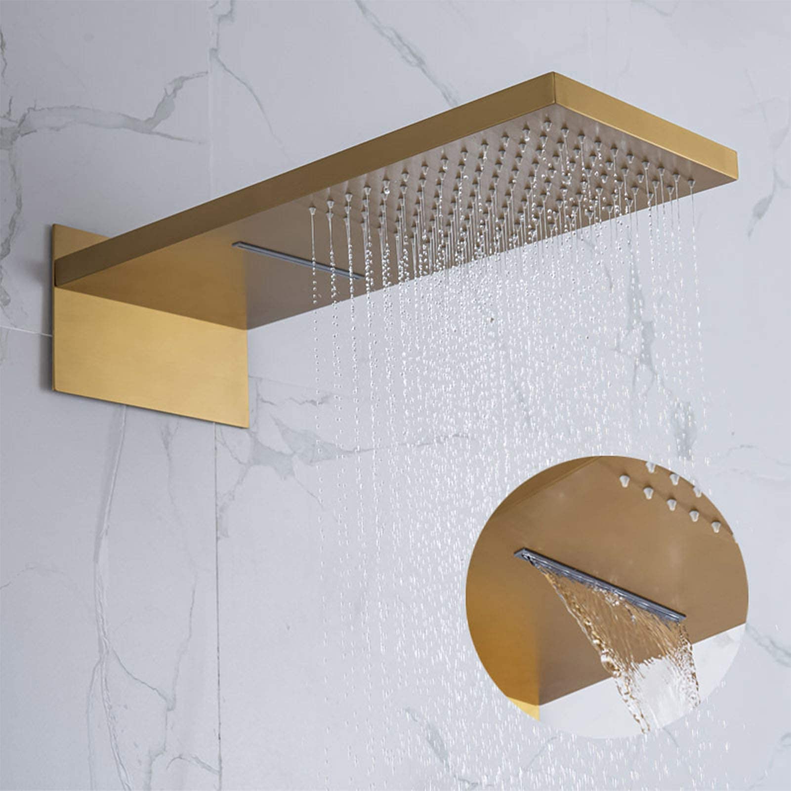 MONDAWE 16 Zoll Duschsystem – Thermostatventil, Regenbrause, Handbrause & 6 Körperdüsen, Gebürstetes Gold