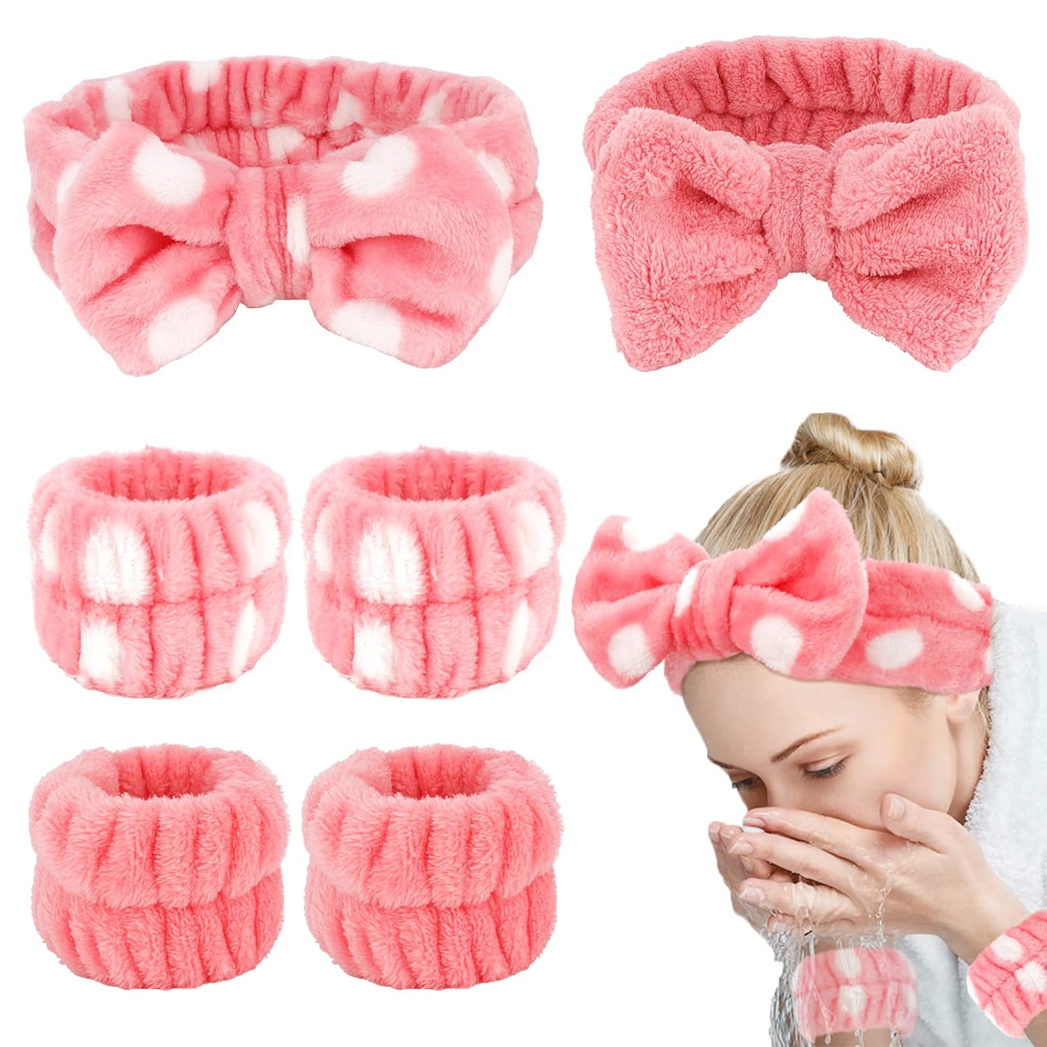WHAVEL 6PCS Spa Headband and Wristbands Set, Face Wash Headband Wrist Bands for Washing Face Makeup Skincare Hair Band Skin Care Accessories Tools