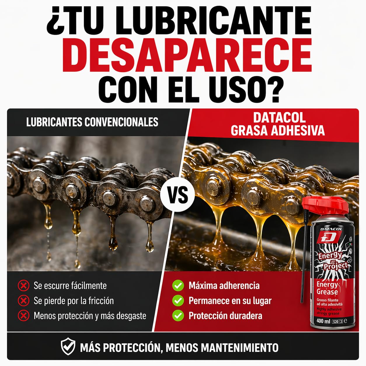 Datacol Grasa en spray adhesiva alta temperatura 400 ml, lubricante para cadena, engranajes y maquinaria, alta resistencia y adherencia profesional (4)