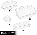 KICHLY 25 Pack Clear Plastic Desk Supplies Organizer, 4 Sizes Desk Drawer Organizer for Office Supplies, Vanity Organizers, Makeup, Gadgets, & Jewelry Storage Bins