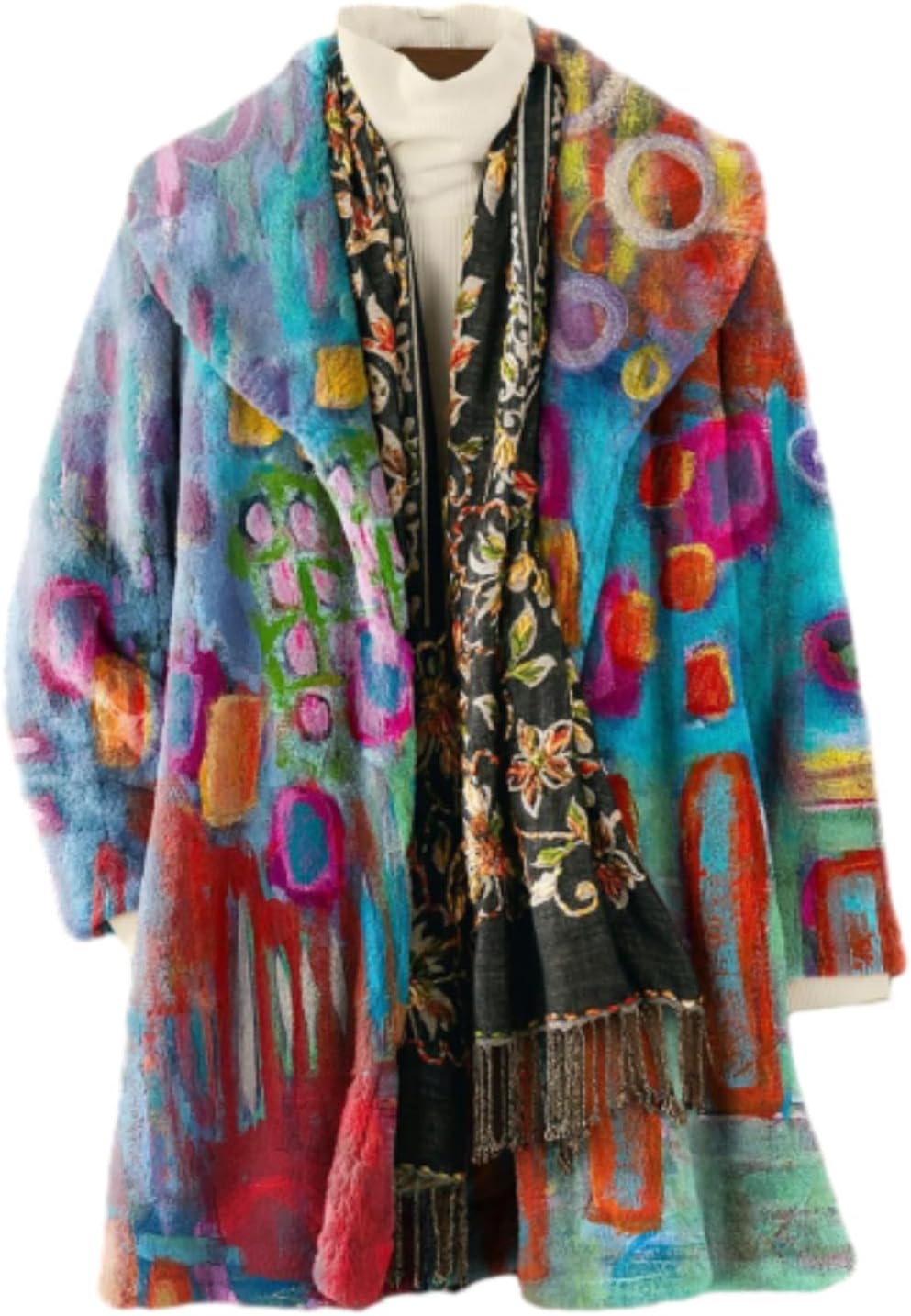 Women's Oversized Boho Colorful Print Fleece Coat Long Sleeve Button Up Warm Jacket with Pockets