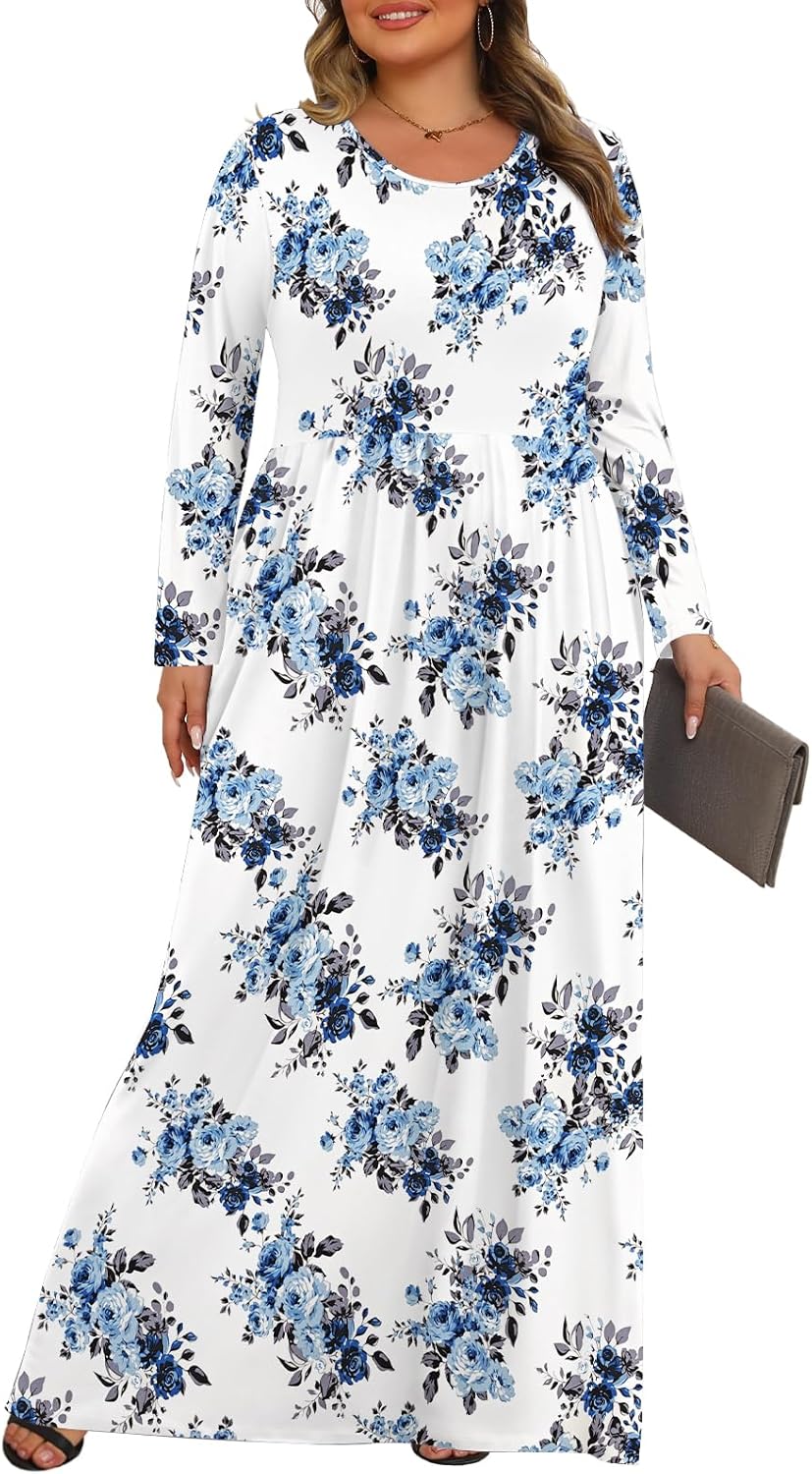 Tencede Womens Plus Size Maxi Dresses Long Sleeve with Pockets Casual Long Dress 1X-5X - Image 3