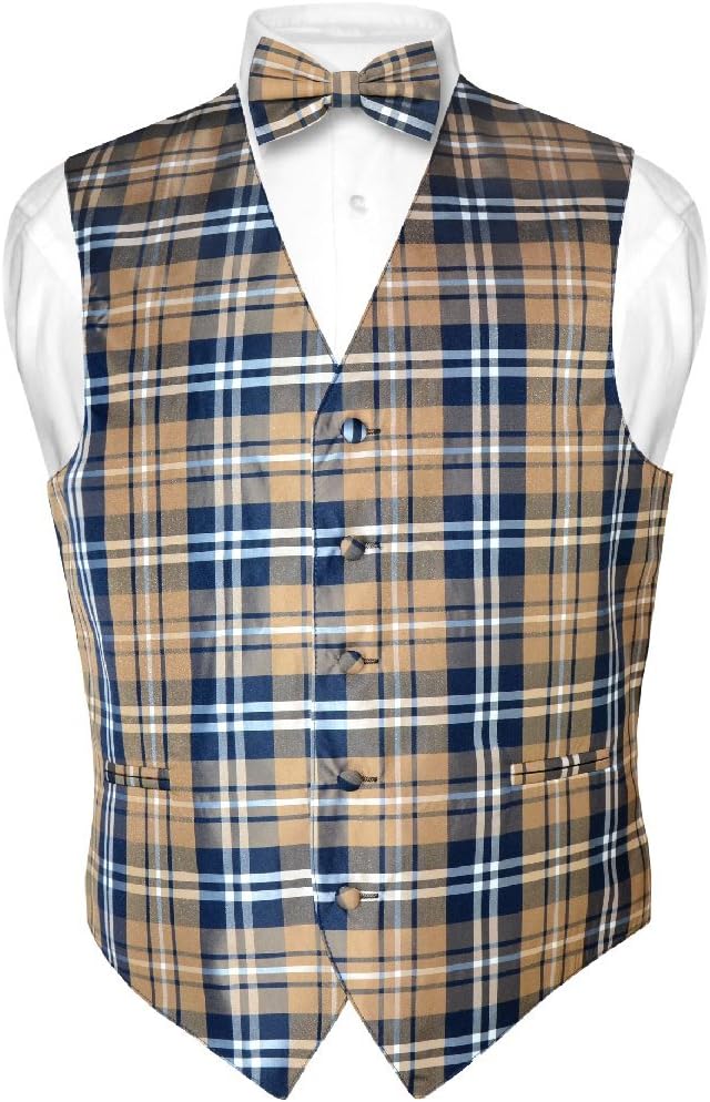 Vesuvio Napoli Men's Plaid Design Dress Vest & BOWTie Black Gray White BOW Tie Set