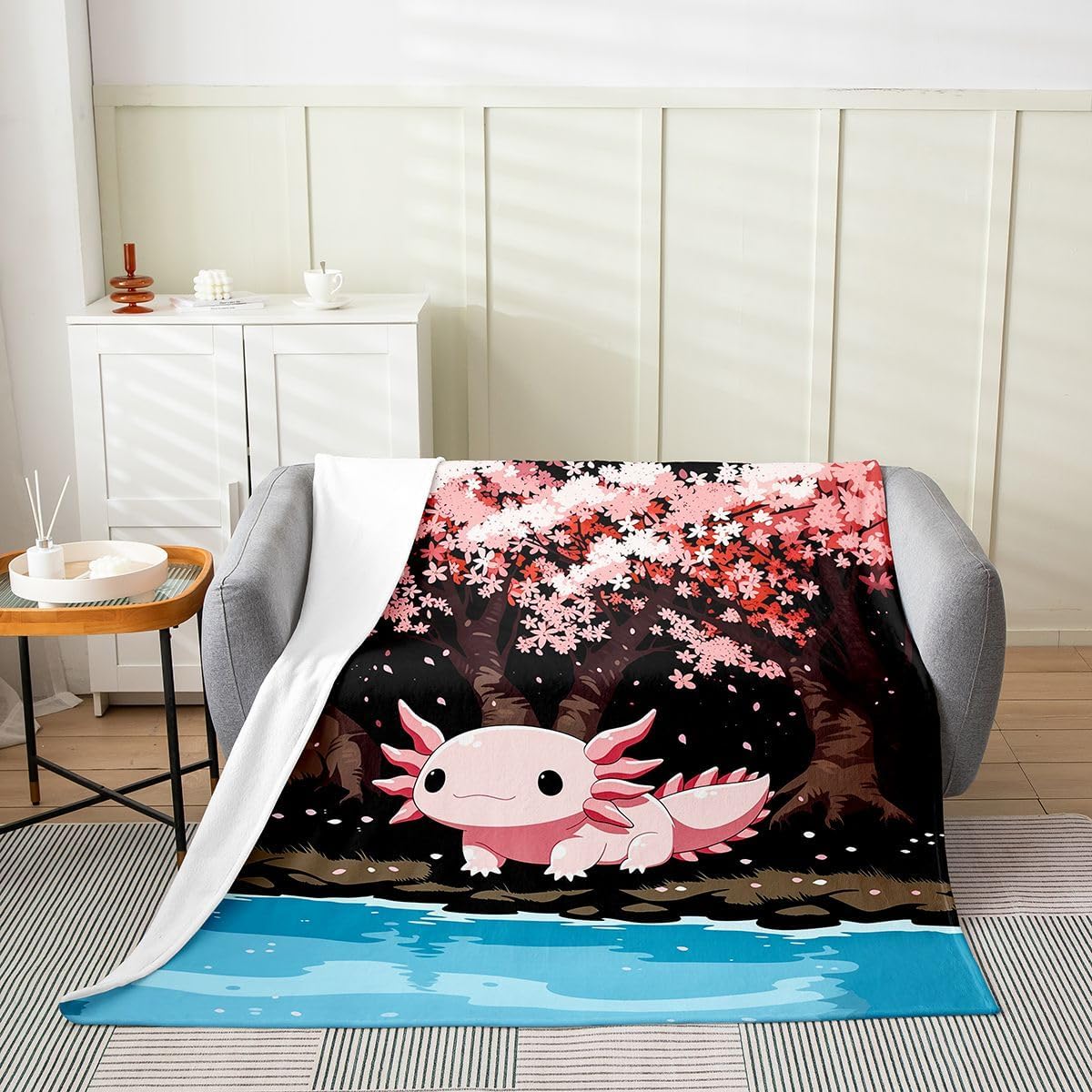 Erosebridal Cute Axolotl Flannel Blanket Baby 30x40 Inch Aesthetic Nature Cherry Blossom Fleece Blanket for Kids Youth Adorable Axolotls Fuzzy Plush Throw Watercolor Animal Decor